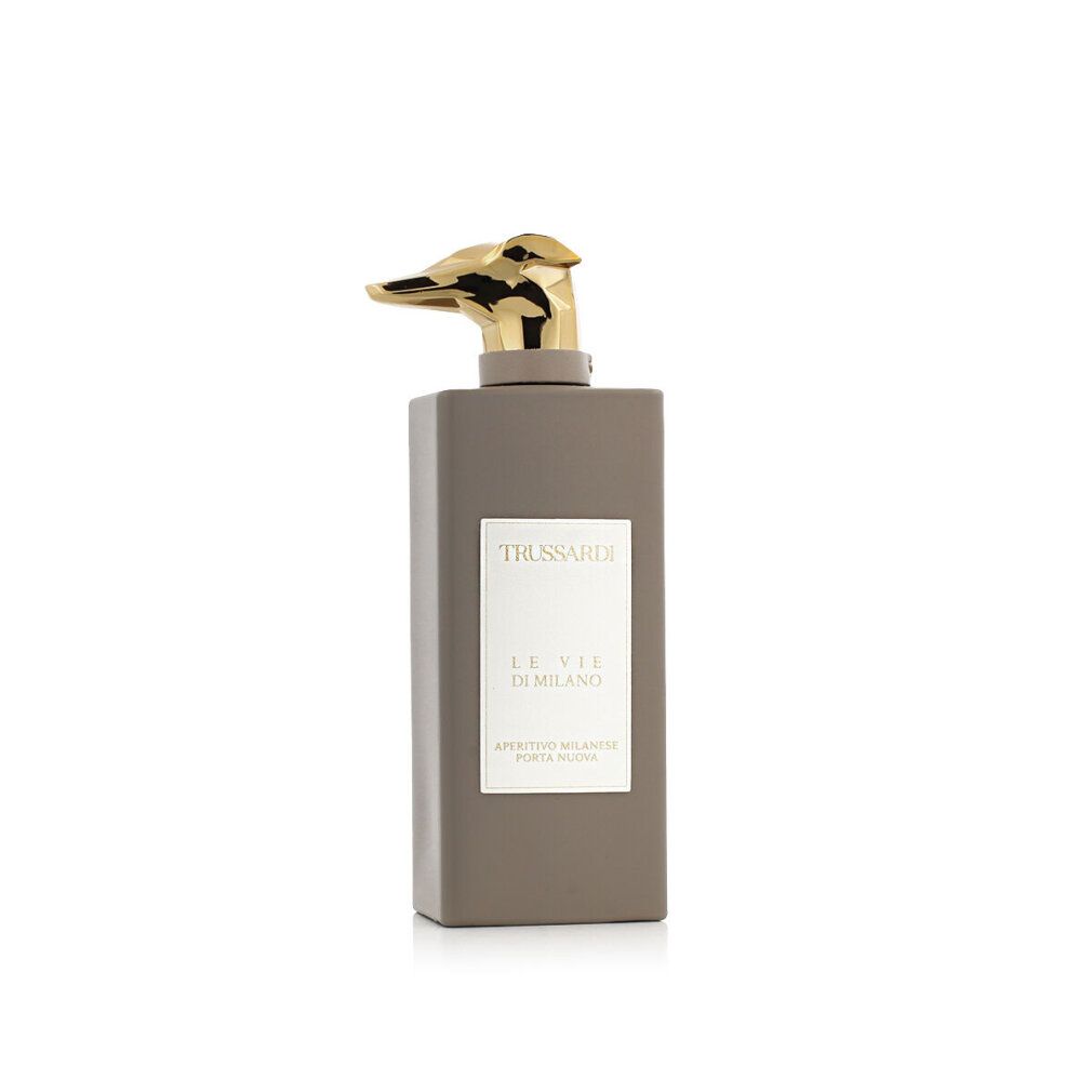 Trussardi Le Vie Di Milano Eau de Parfum Flakon mit goldenem Tierkopf-Verschluss, Seitenansicht.