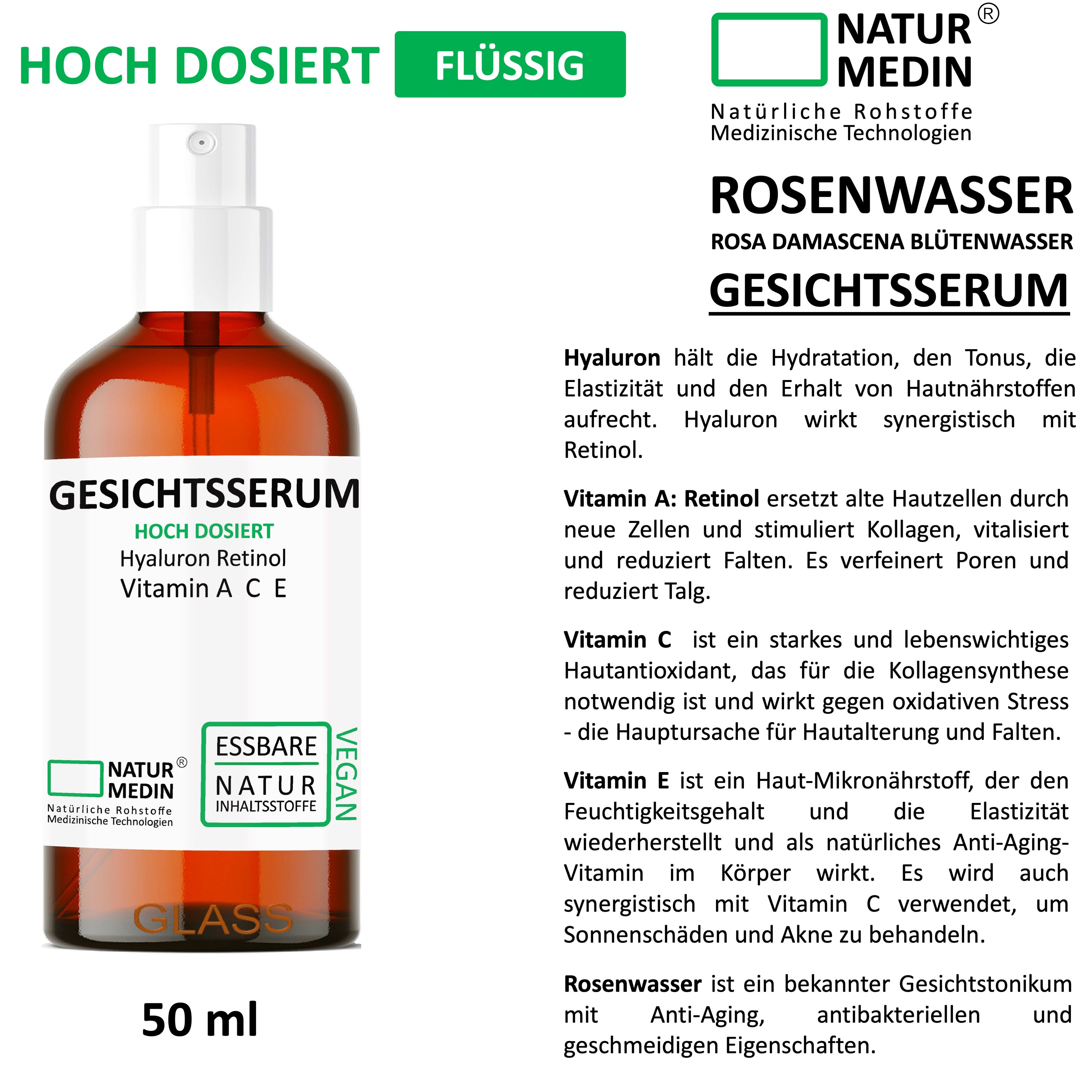 Braune Glasflasche mit Sprühkopf. Beschriftung: Gesichtsserum, Hyaluron, Vitamin A C E. 50 ml. Text über Inhaltsstoffe.