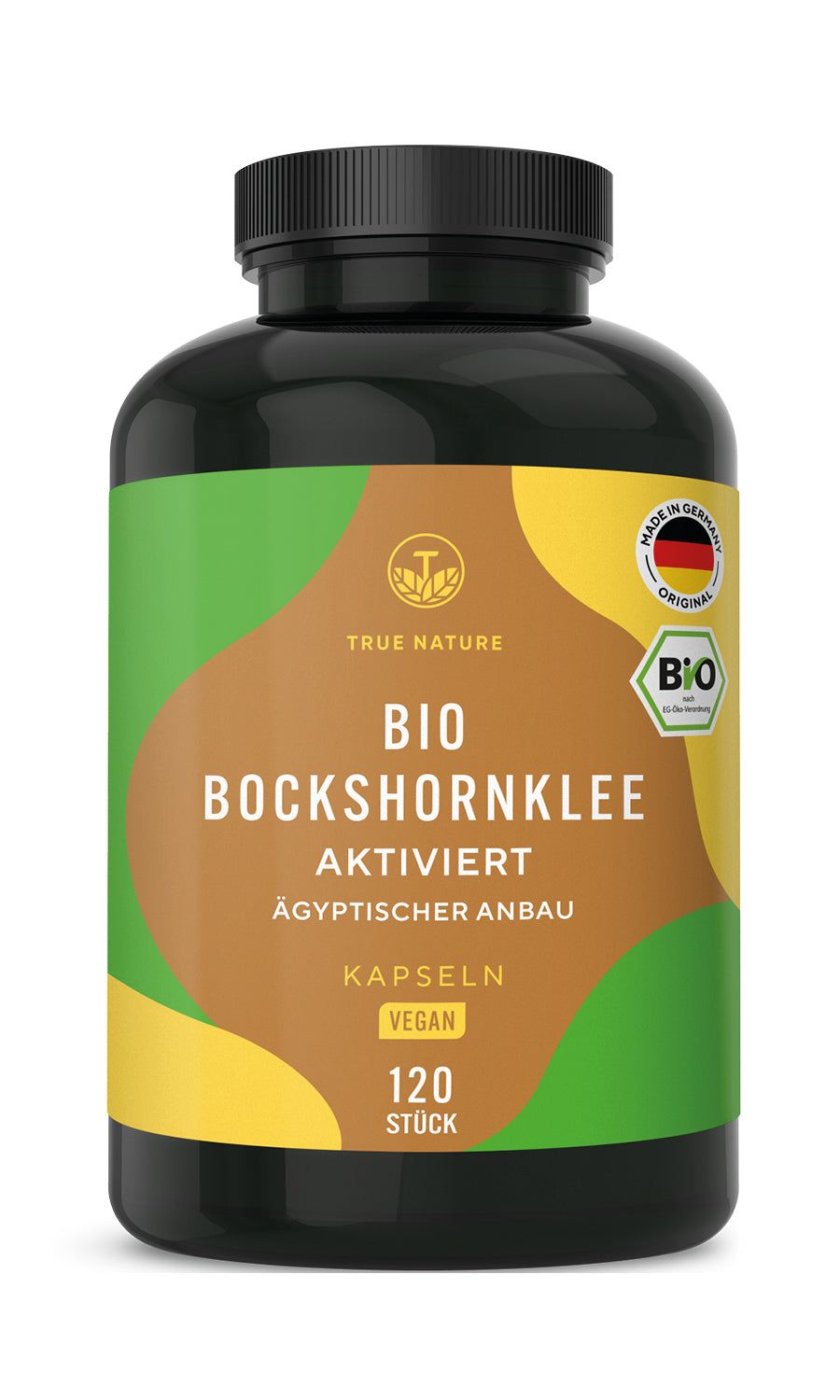 Braune Kapseln in einer schwarzen Flasche. Aufschrift: BIO BOCKSHORNKLEE, 120 Stück, Vegan. Mit Bio-Siegel und Made in Germany.