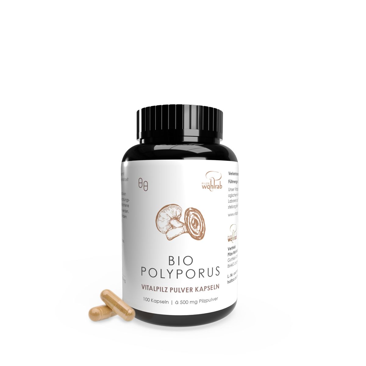 Braune Flasche mit schwarzen Deckel. Aufschrift: BIO POLYPORUS Vitalpilz Pulverkapseln. 2 Kapseln daneben.