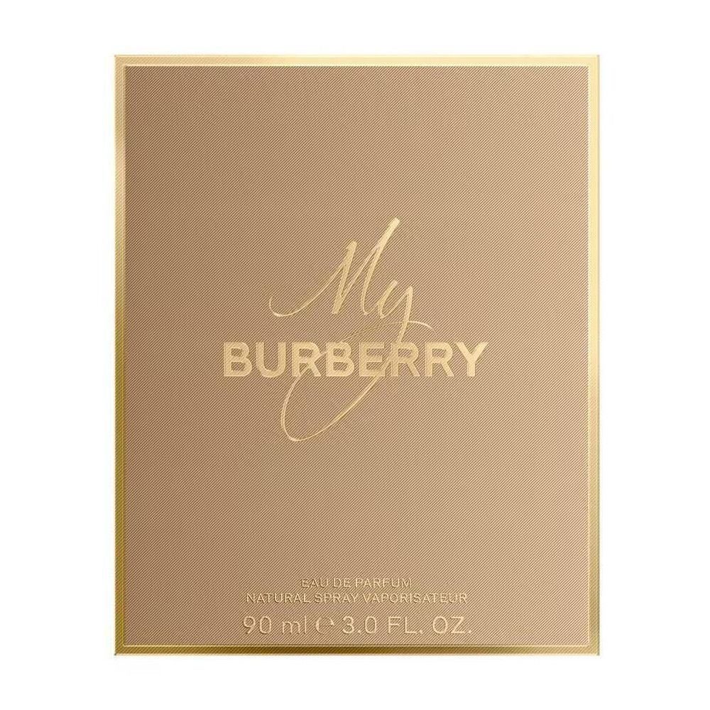 Verpackung mit Logo 'My BURBERRY'. Goldfarbener Hintergrund. Text: Eau de Parfum.