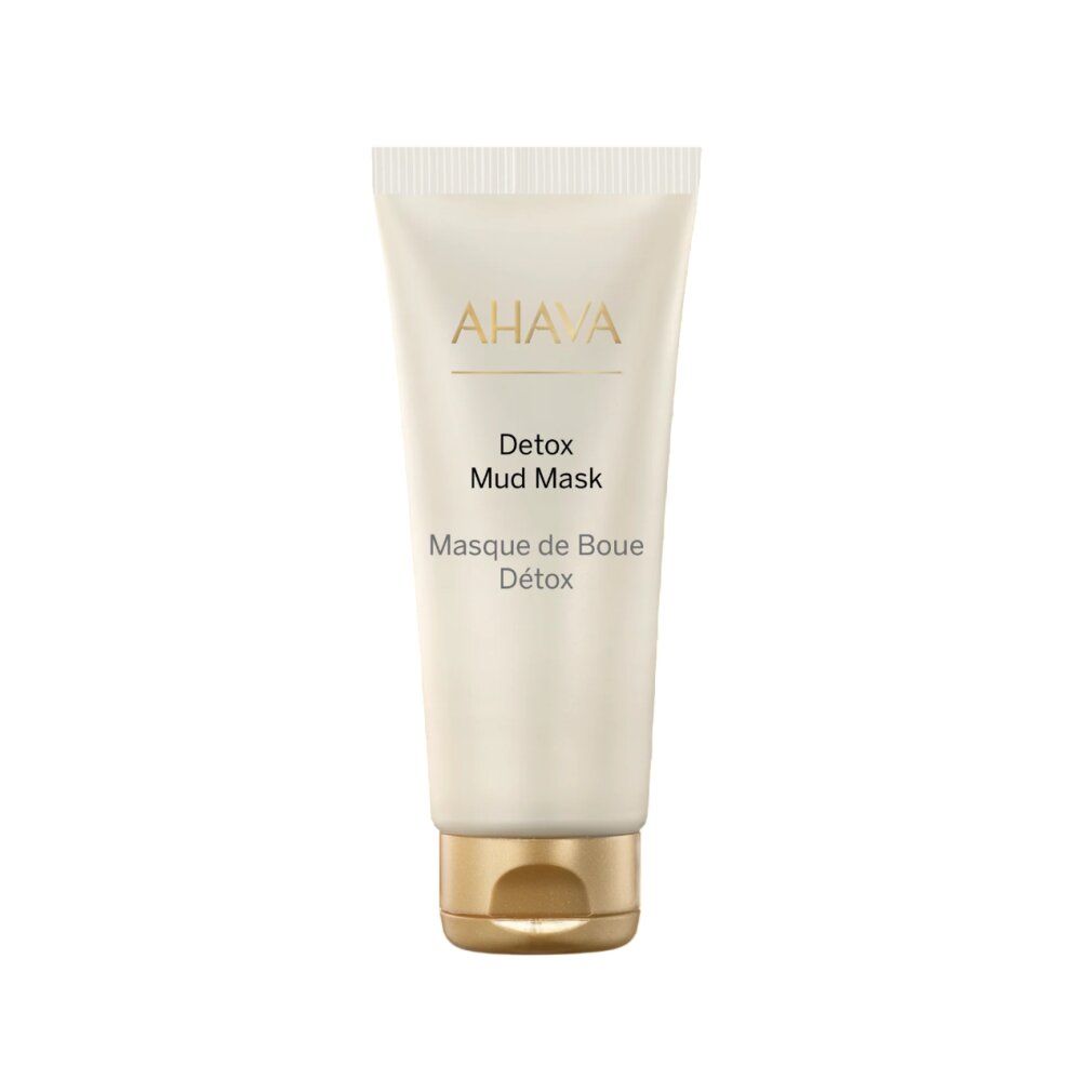 Cremefarbene Tube mit Ahava Detox Mud Mask, Masque de Boue Détox.