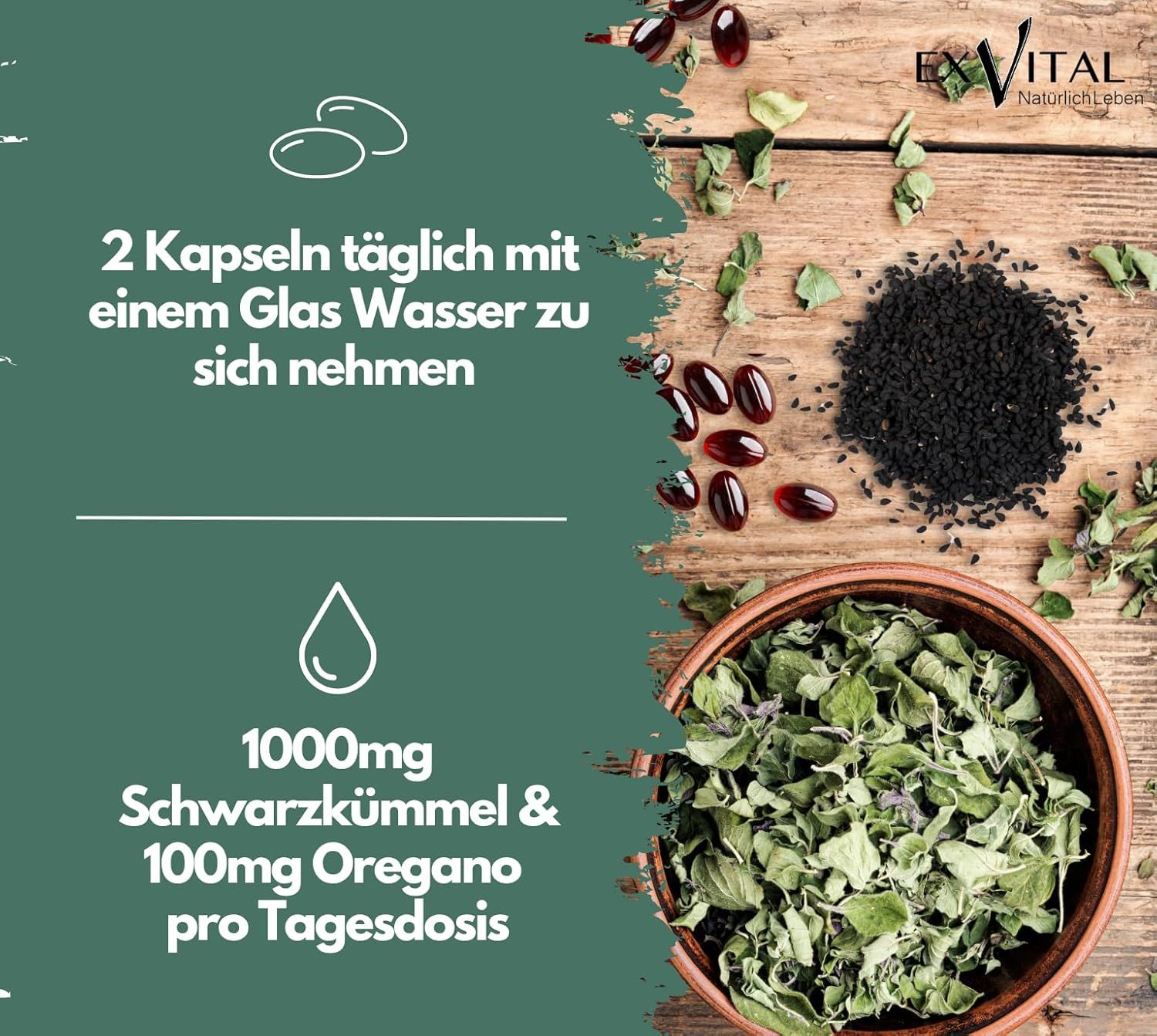 Draufsicht auf Holzoberfläche. Zeigt Kapseln, Schwarzkümmelsamen und Oregano in einer Schale. Text: 2 Kapseln täglich mit Wasser.