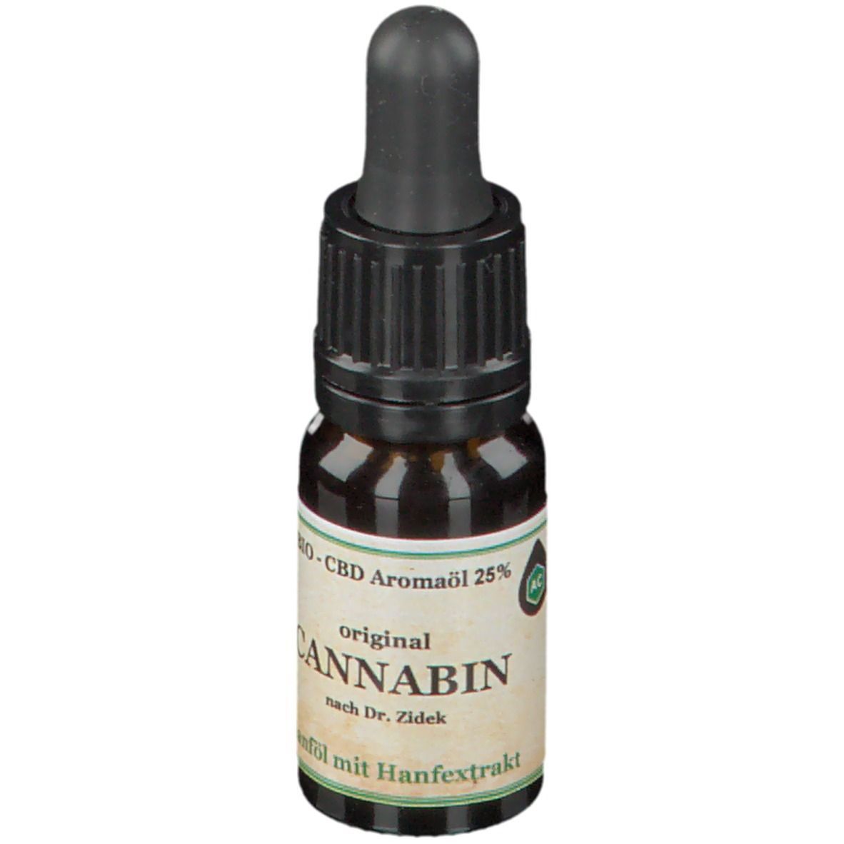 Braune Glasflasche mit schwarzem Tropfer. Etikett mit "original CANNABIN 25 %" und grünem Logo.