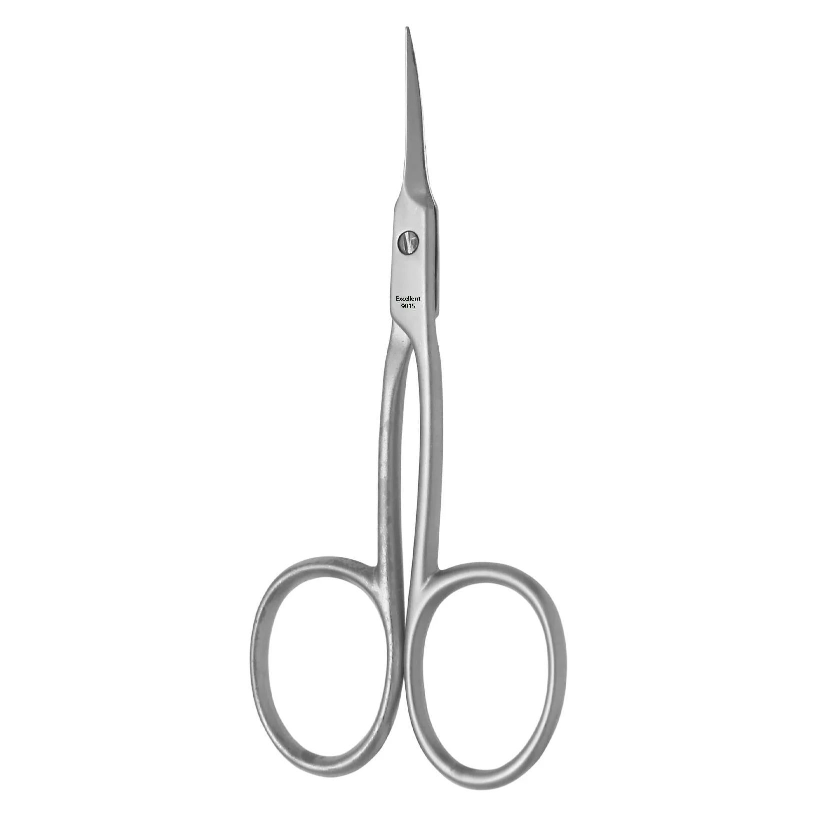 Hautschere, silberfarben, extra lang und spitz. Mit runden Grifföffnungen und einem Gelenk. Aufschrift.