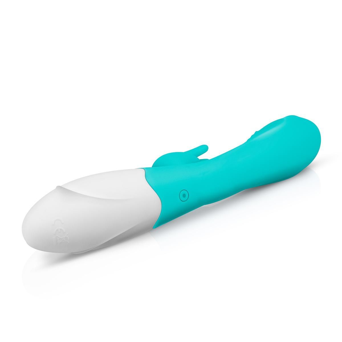 Türkis-weißer Vibrator. Form mit gebogener Spitze und abgerundetem Ende. Mit Bedienknopf.