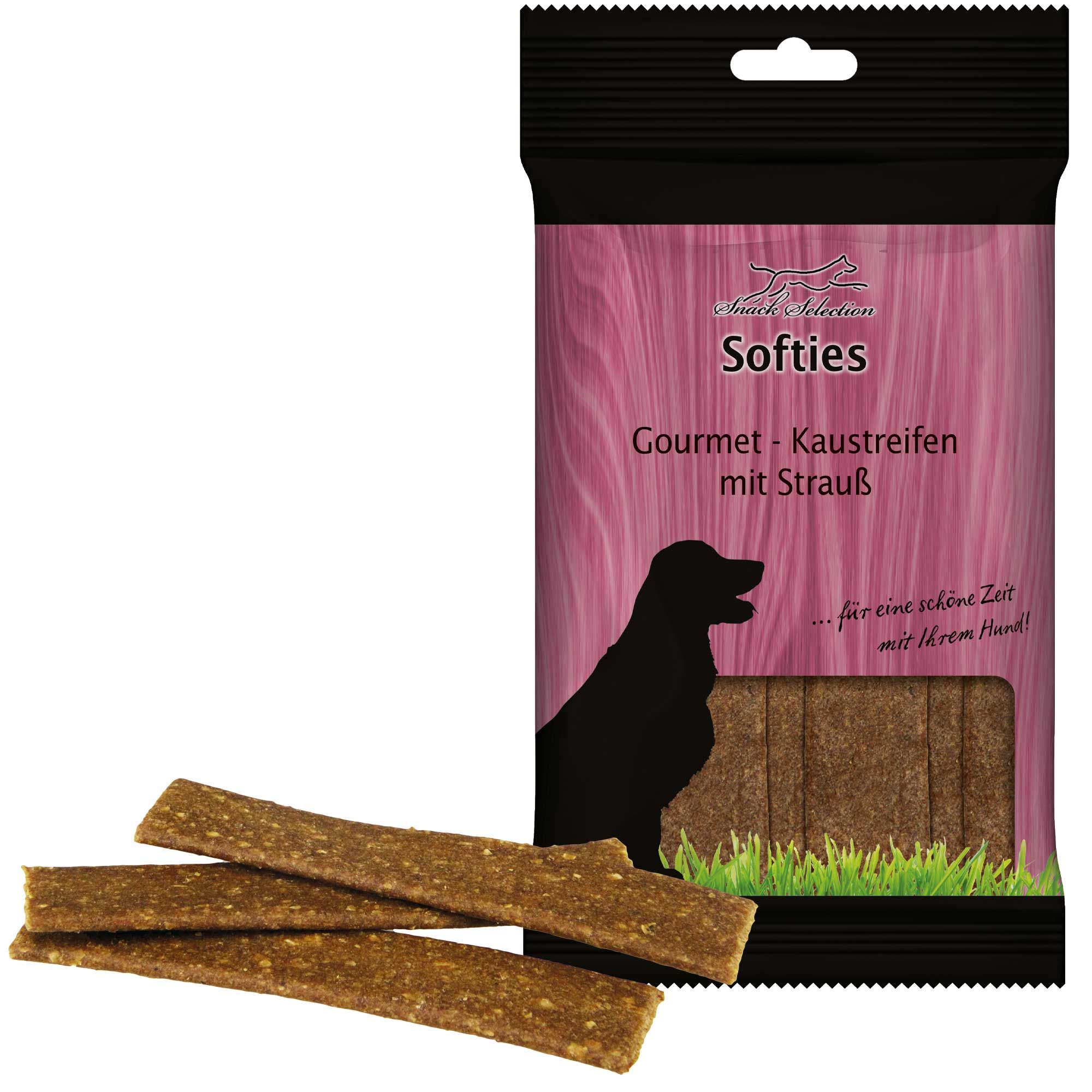 Packung Schecker Kausnack - Gourmet Kaustreifen mit Strauß. Daneben liegen drei Kaustreifen. Rosa-schwarze Verpackung mit Hundesilhouette.