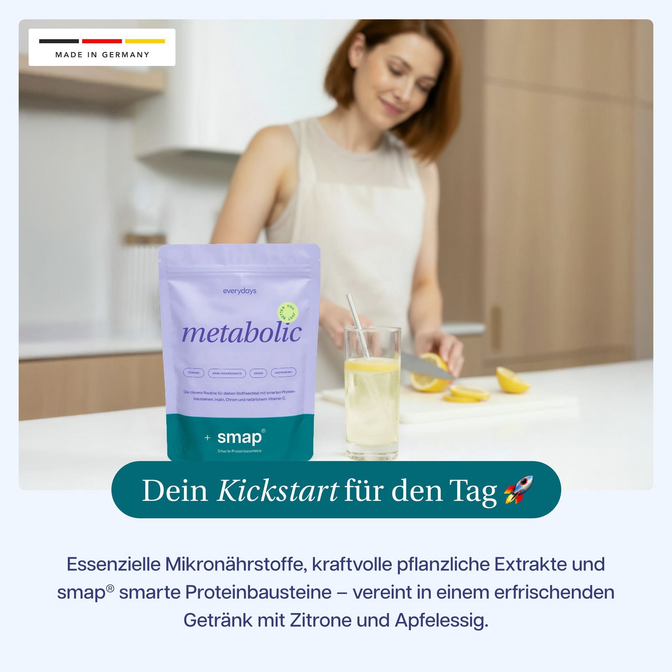 Frau in Küche mit "metabolic" Beutel. Text: Dein Kickstart für den Tag. Made in Germany.