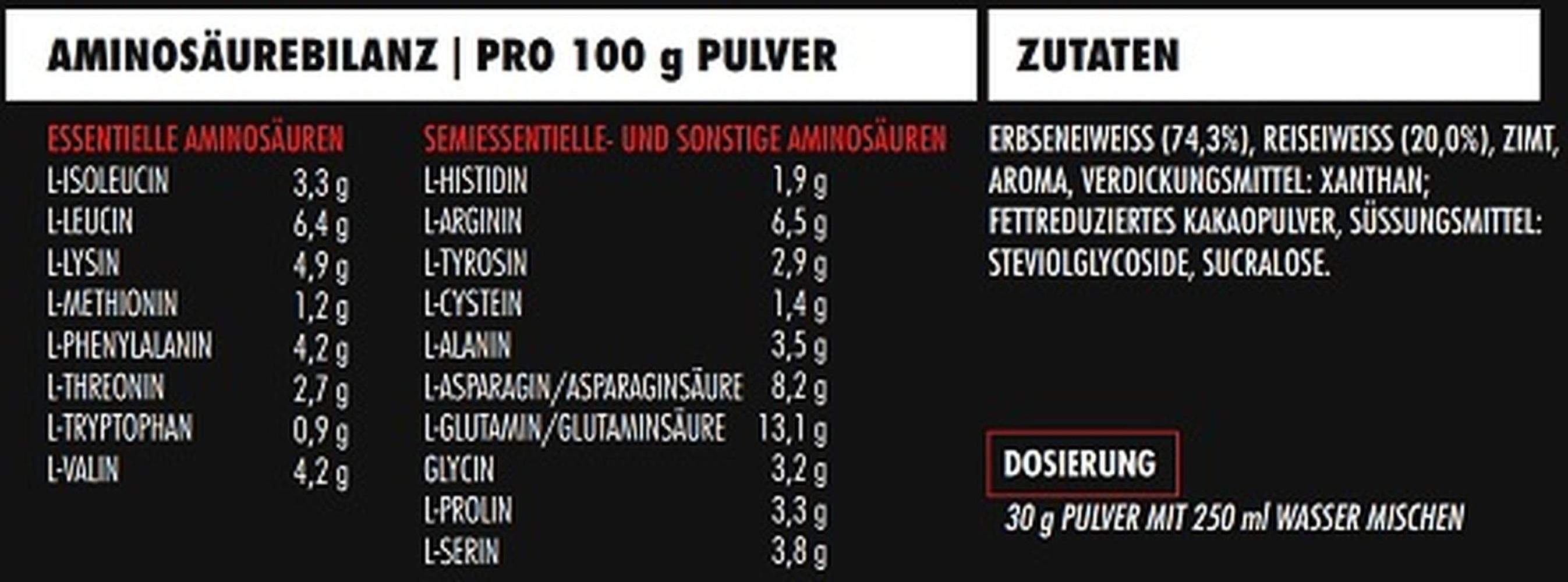 Nährwerttabelle mit Aminosäuren und Zutaten. Dosierung: 30g Pulver mit 250ml Wasser mischen.