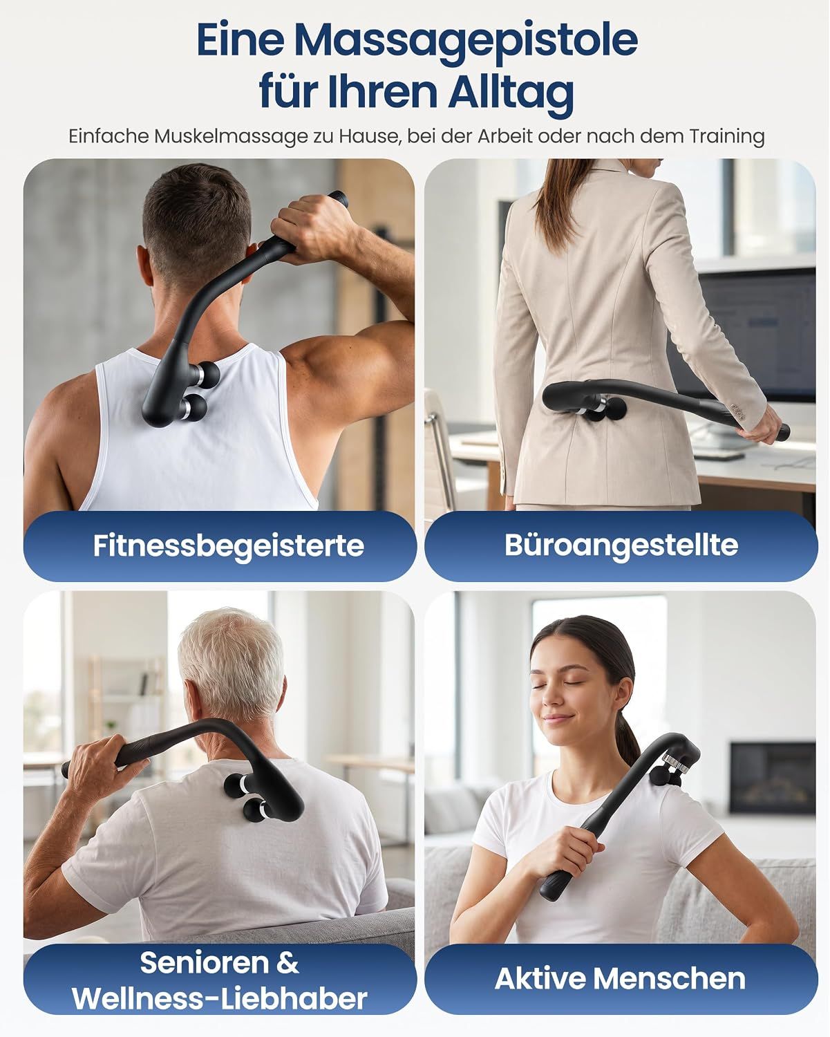 Massagepistole für den Alltag, für Fitness, Büro, Senioren und aktive Menschen.