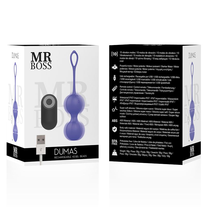 Produktverpackung mit Kegelperlen, Fernbedienung und USB-Kabel. Text: MR BOSS, DUMAS.
