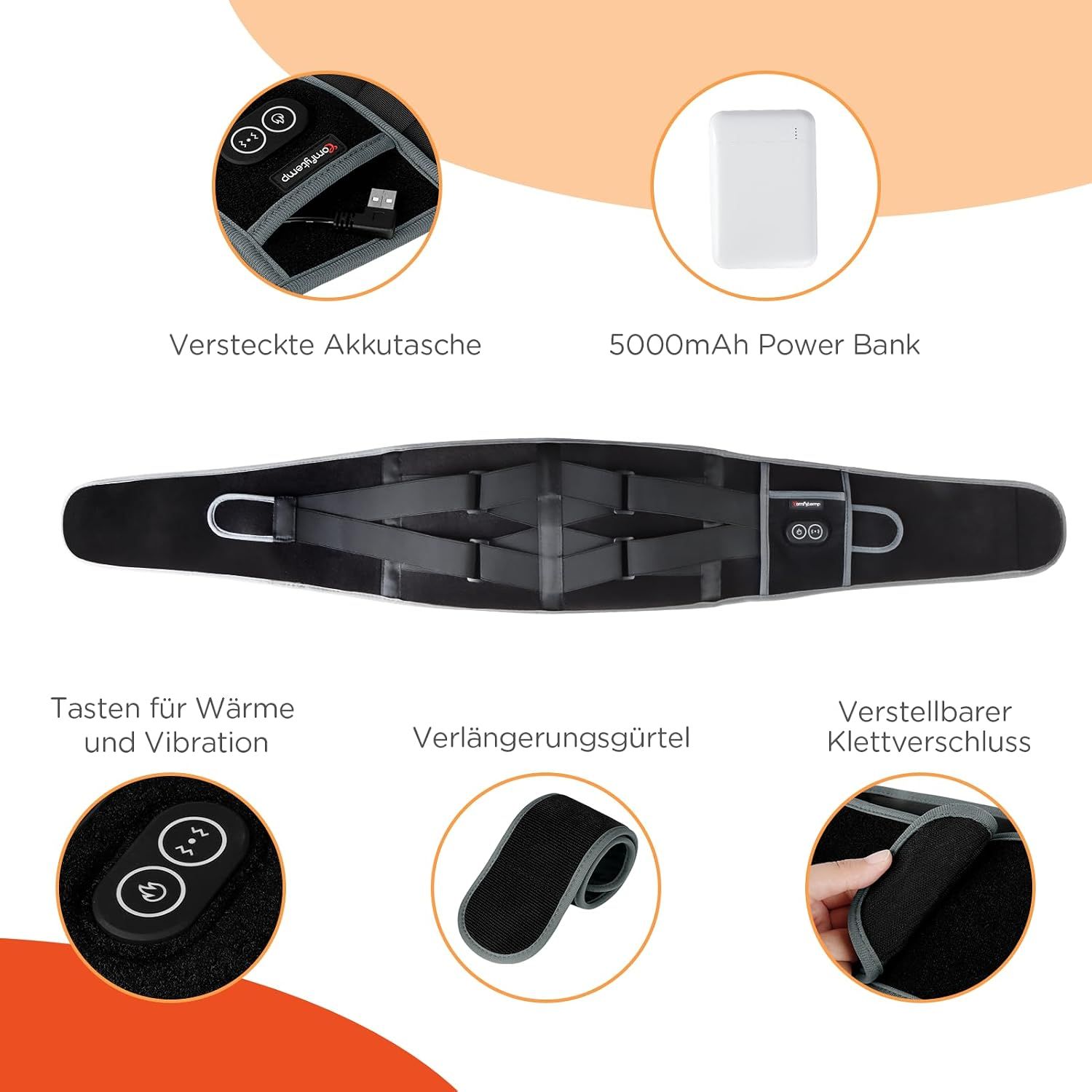 Detailansicht eines schwarzen Heiz- und Massagegürtels mit Powerbank und Bedienelementen.
