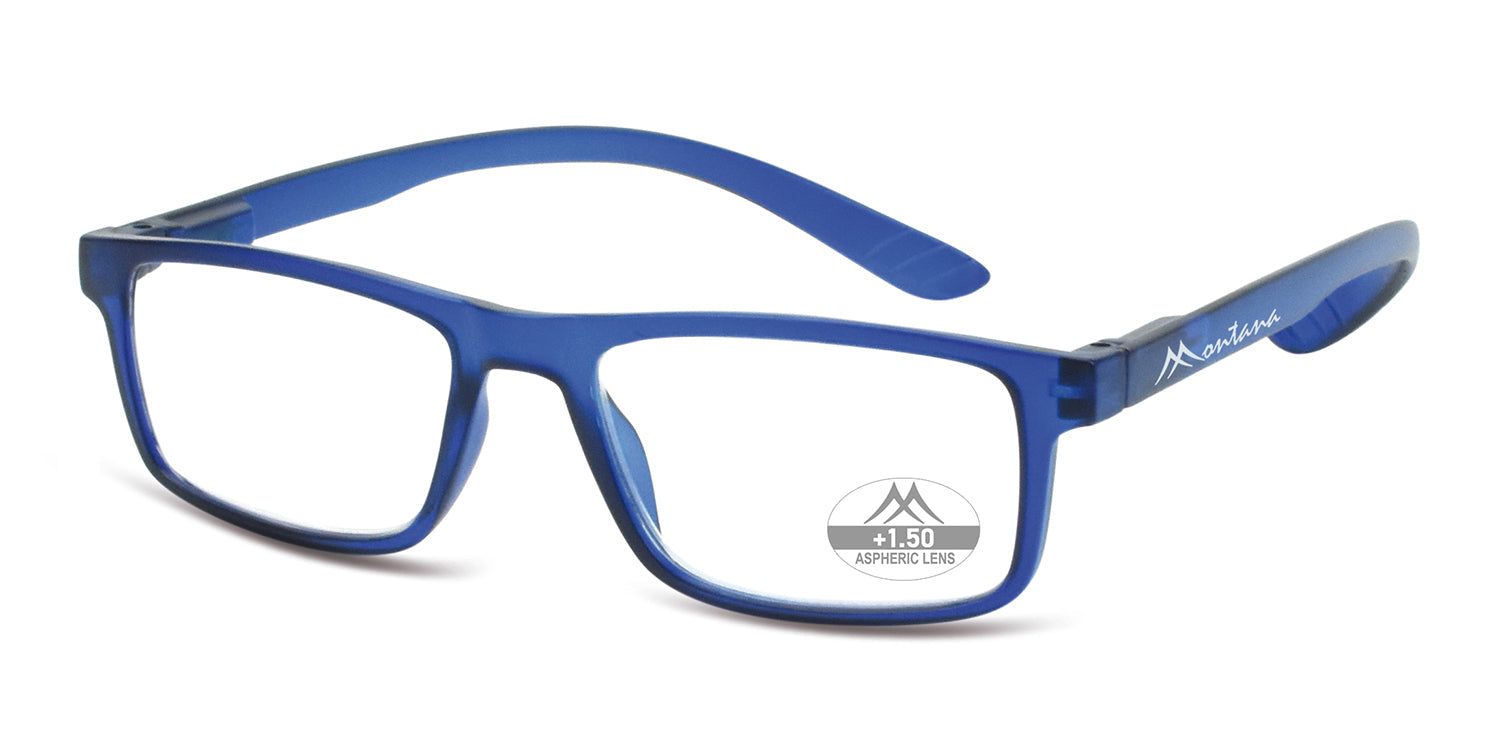 Blaue Brille mit rechteckigen Gläsern. Auf dem Bügel steht "Montana". Auf einem Glas steht "+1.50 Aspheric Lens".