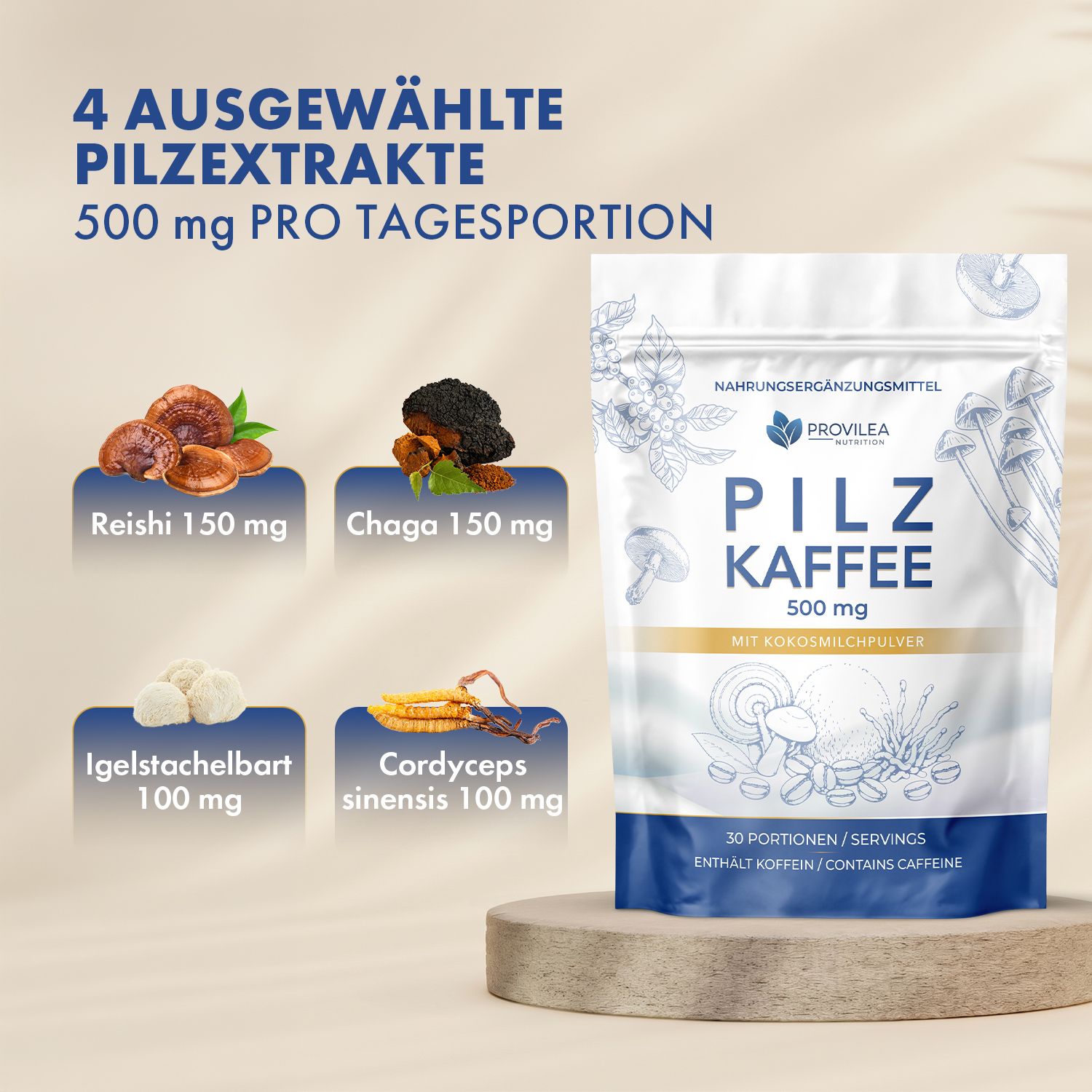 Pilzkaffee-Beutel mit vier Pilzextrakten: Reishi, Chaga, Igelstachelbart, Cordyceps.