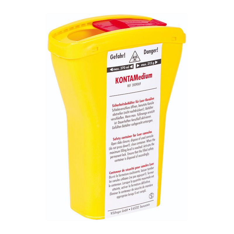 Gelber Kanülensammler mit rotem Deckel. Aufschrift: KONTAMedium. Warnhinweise und Füllstandsanzeige.
