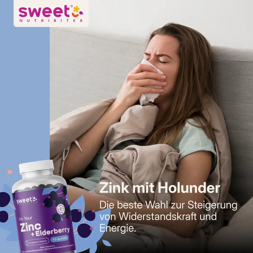 Frau im Bett mit Decke und Taschentuch. Flasche mit Gummibonbons. Text: Zink mit Holunder. Steigerung von Widerstandskraft.