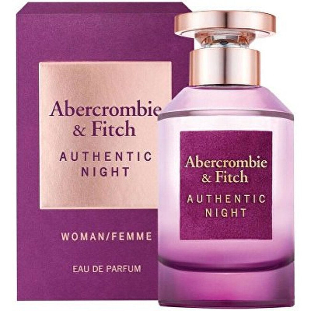 Flakon und Verpackung. Auf dem Flakon steht "Abercrombie & Fitch Authentic Night". Verpackung mit Logo.