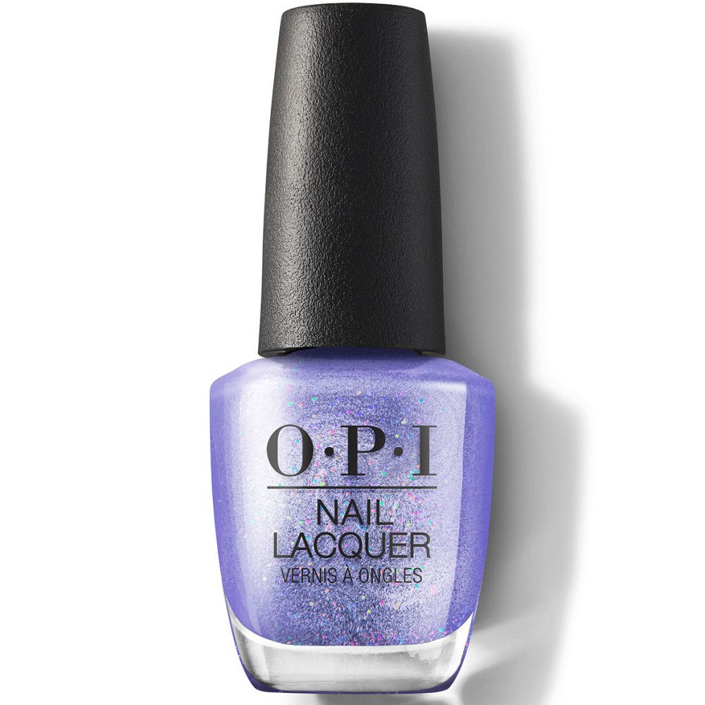 Nagellackflasche mit lila Glitzer. Aufschrift: OPI NAIL LACQUER.