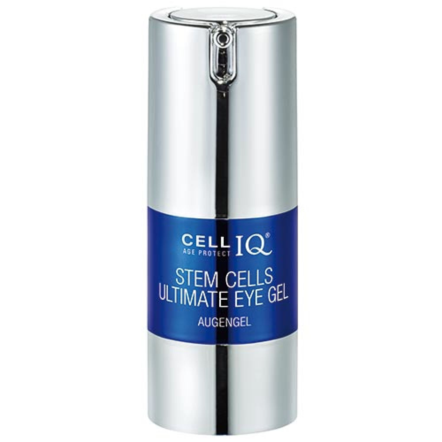 Zylindrische Flasche mit silbernem Deckel und blauem Mittelteil. Aufschrift: CELL IQ, STEM CELLS ULTIMATE EYE GEL, Augengel.