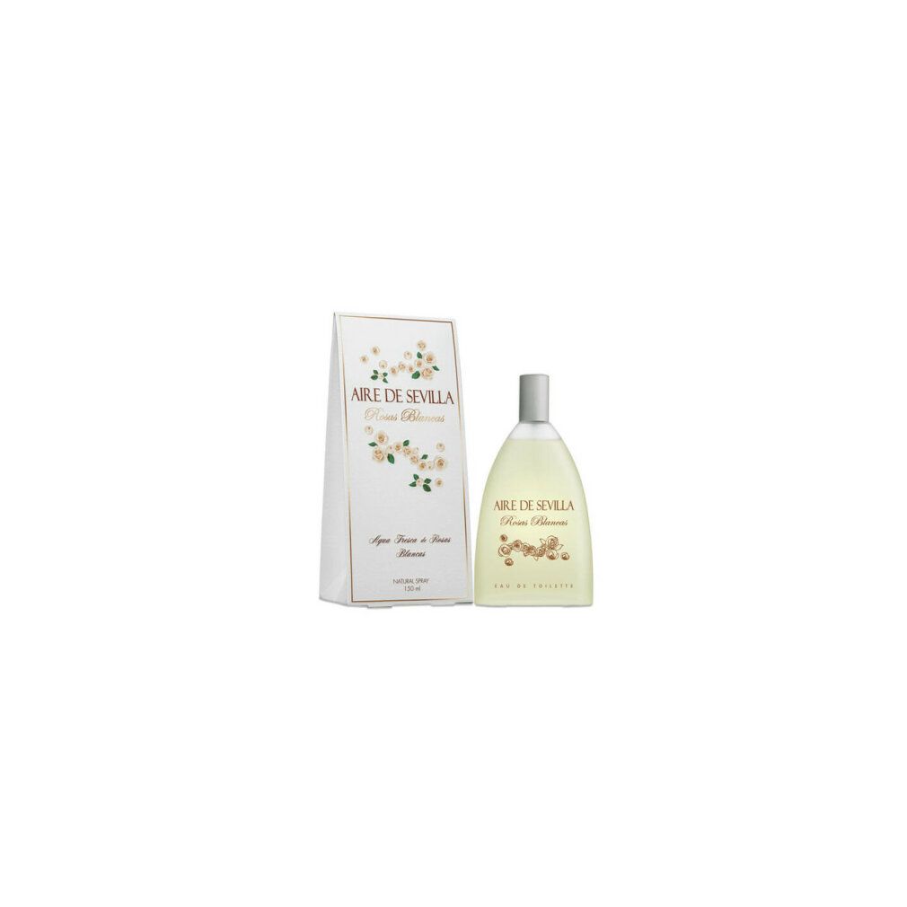 Parfümflasche und Schachtel. Aufschrift: Aire de Sevilla Rosas Blancas Eau de Toilette. Weiße Blüten auf der Verpackung.