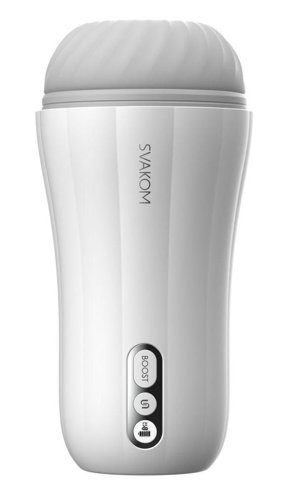 Weißes Wellness-Produkt mit grauem Kopf. Mit Knöpfen und SVAKOM-Logo. Vertikale Form.