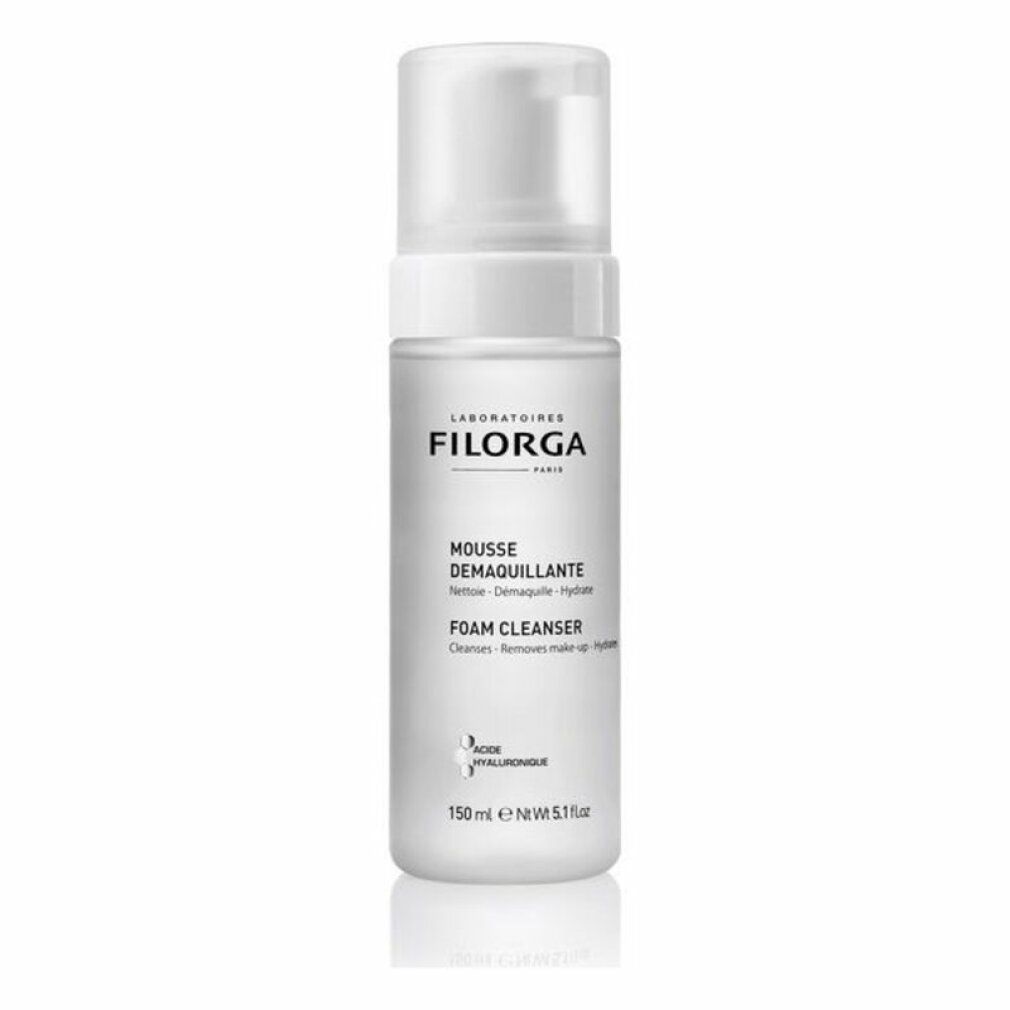 Flacone bianco Filorga Essentials Mousse Demaquillante. Testo: Mousse Demaquillante, Foam Cleanser. 150 ml. Per viso e occhi.