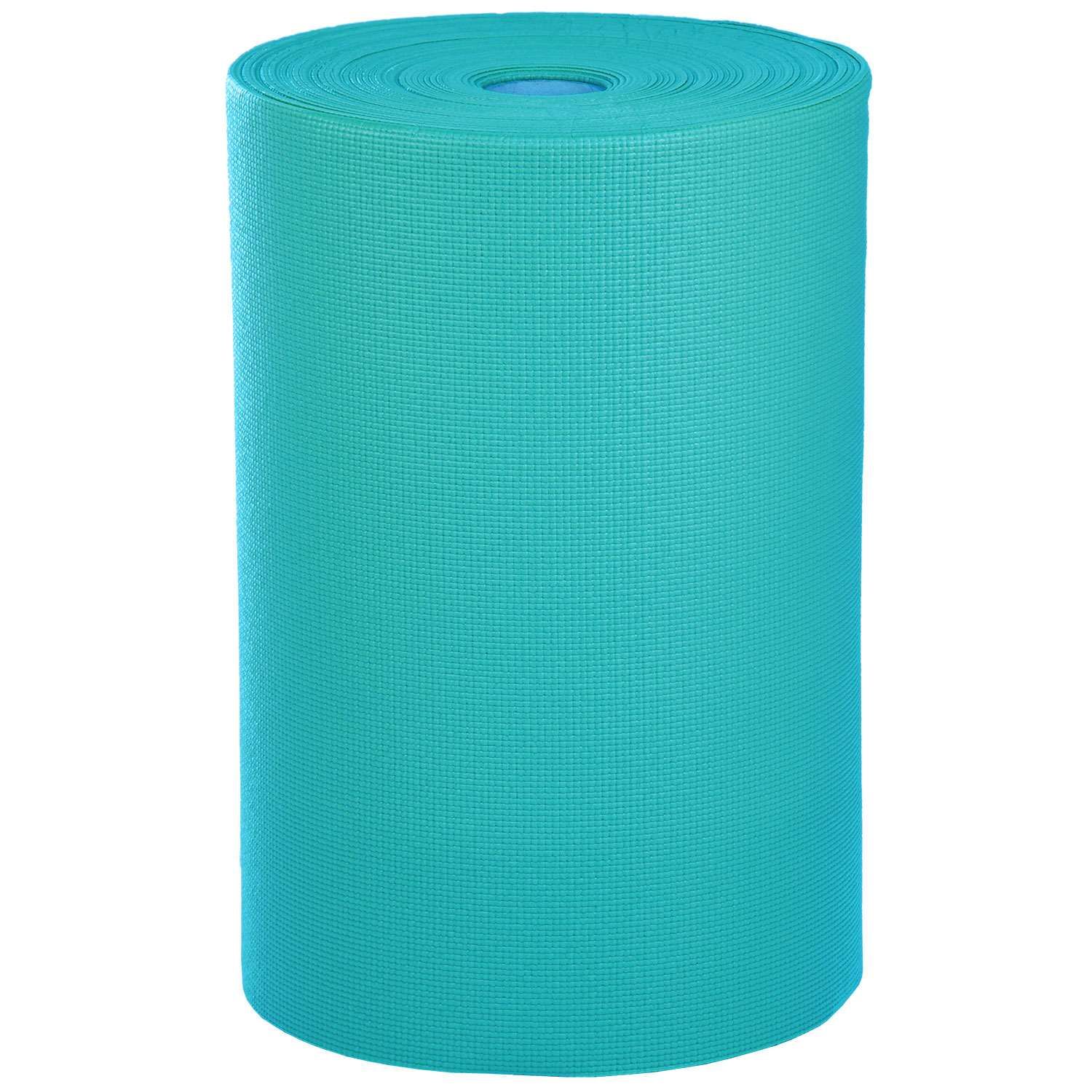 Gerollte Yogamatte, türkis. PVC-Material mit strukturierter Oberfläche. Zylindrische Form.