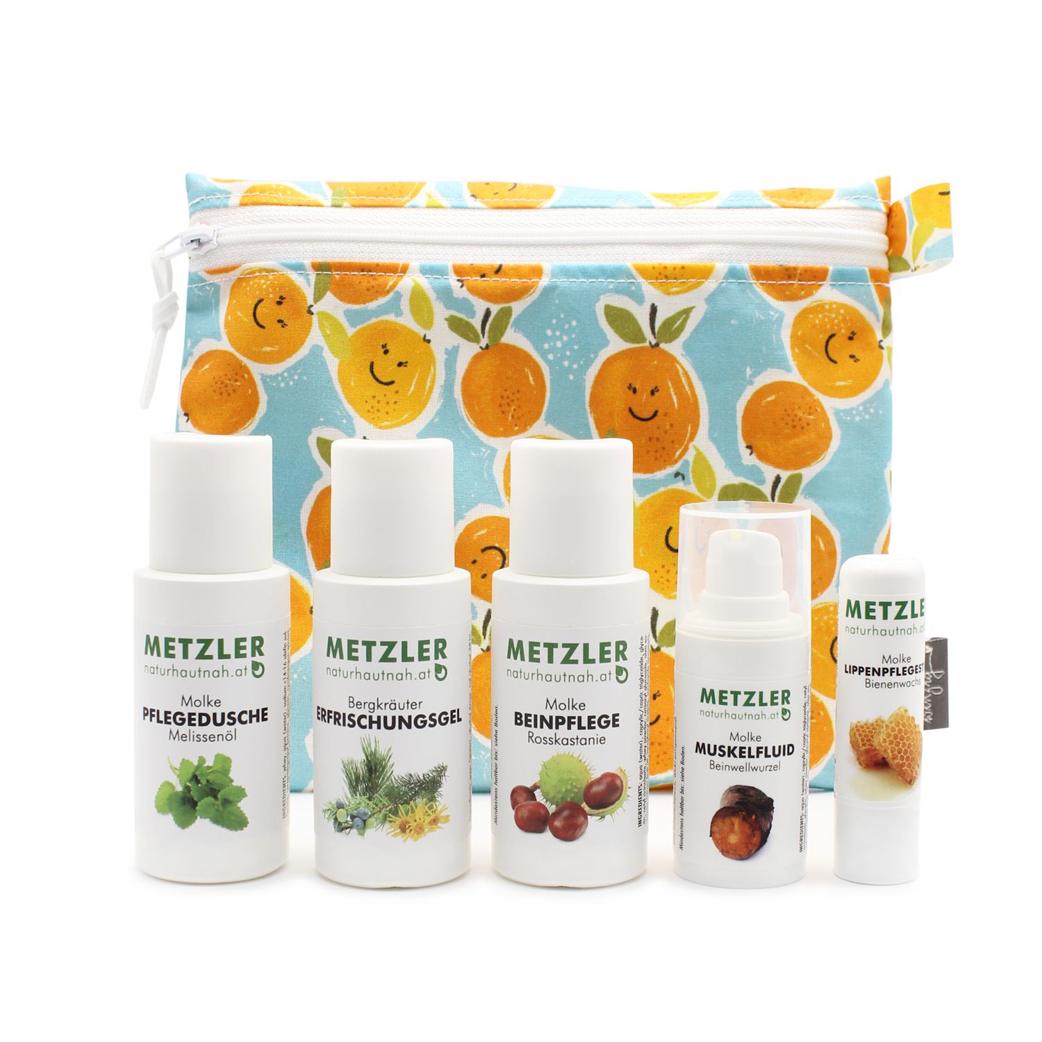 Set mit 5 Flaschen und einem Beutel mit Orangenmuster. Aufschrift METZLER. Verschiedene Produkte.