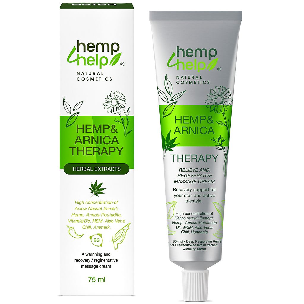 Creme-Tube und Verpackung. Marke: hemp help. Text: Hemp & Arnica Therapy. Herbal Extracts. 75 ml.