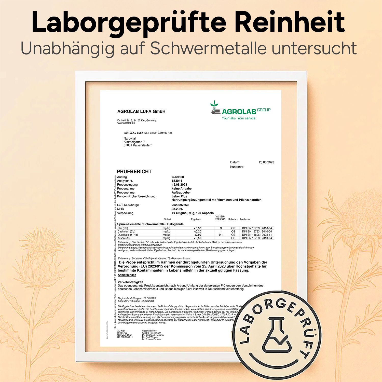 Zertifikat mit Texten und Logo: Laborgeprüfte Reinheit, AGROLAB LUFA GmbH.