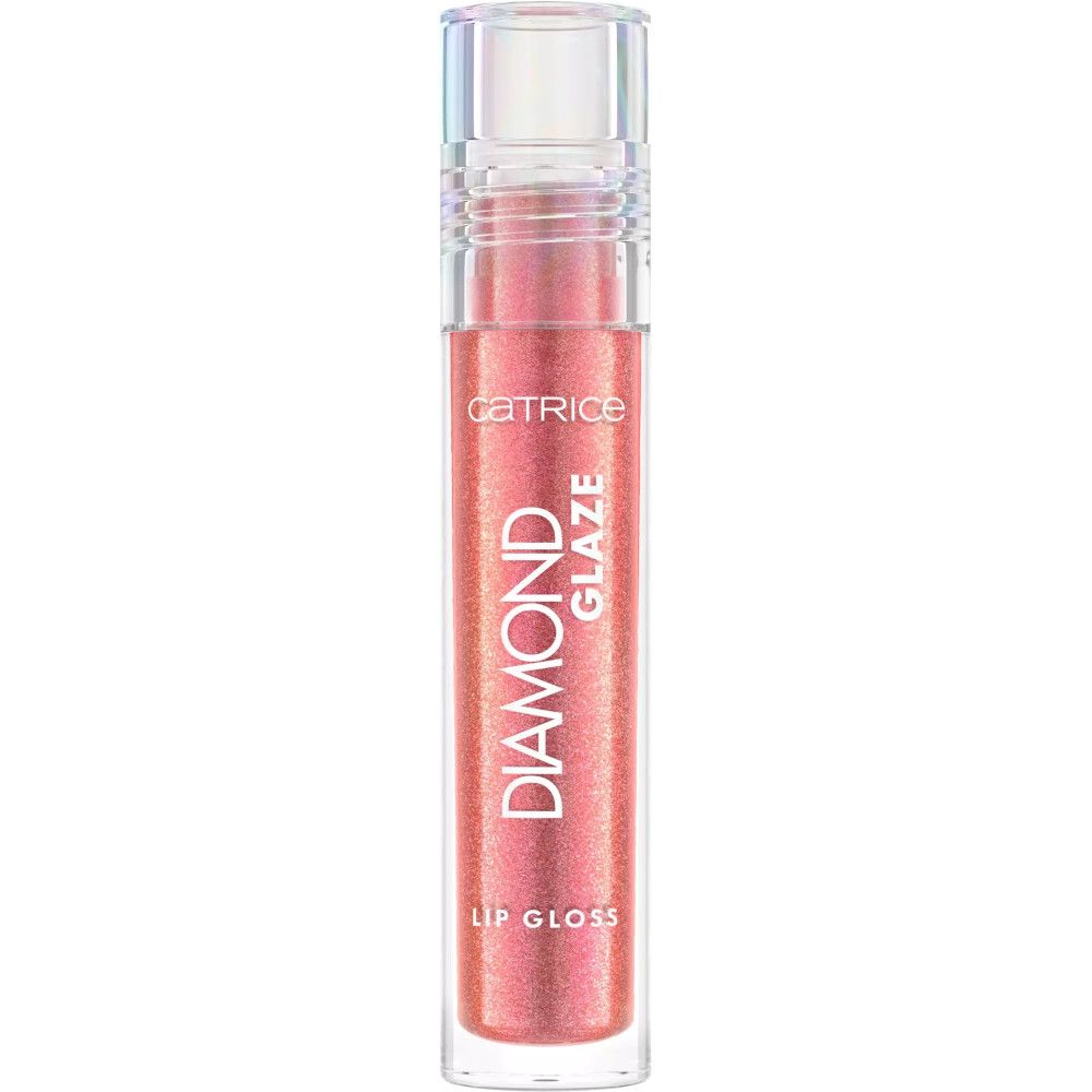 Lippen-Gloss-Tube. Aufschrift: Catrice Diamond Glaze Lip Gloss. Rosa schimmernd.
