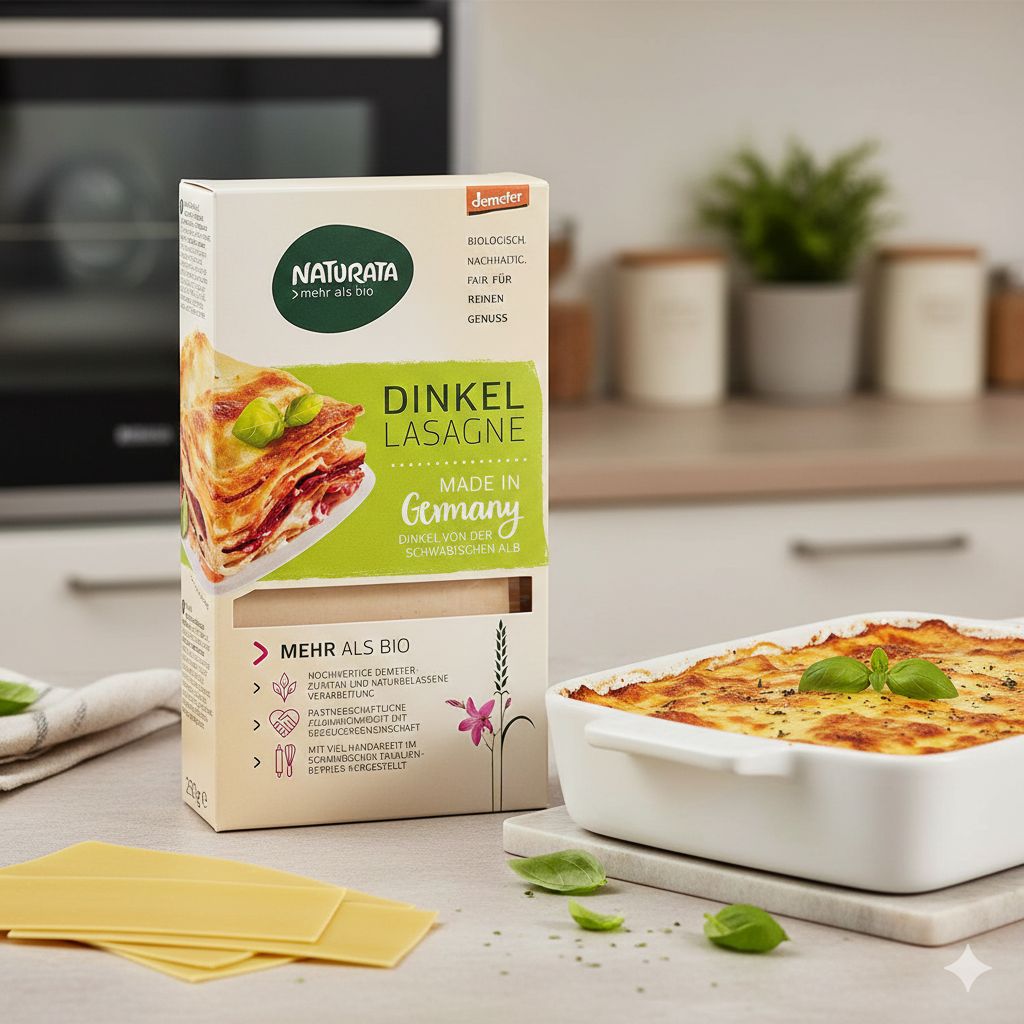 Naturata Bio Dinkel Lasagne Platten Packung neben einer fertigen Lasagne in einer Auflaufform.
