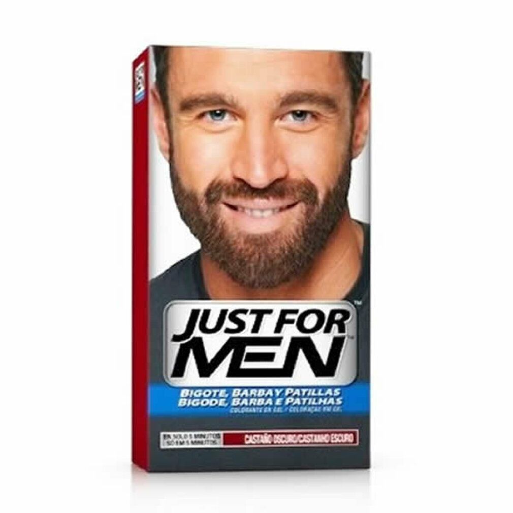 Produktverpackung mit Abbildung eines Mannes mit Bart. Text: JUST FOR MEN, BIGOTE, BARBA Y PATILLAS. Farbe: Castanho Escuro.