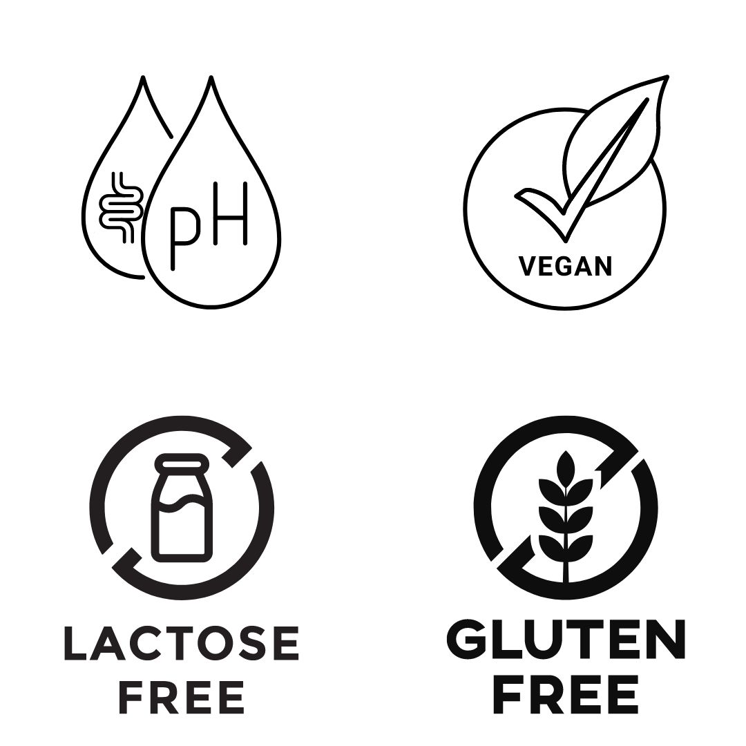 Vier Symbole: pH-Wert, Vegan, Laktosefrei, Glutenfrei. Schwarze Symbole auf weißem Hintergrund.
