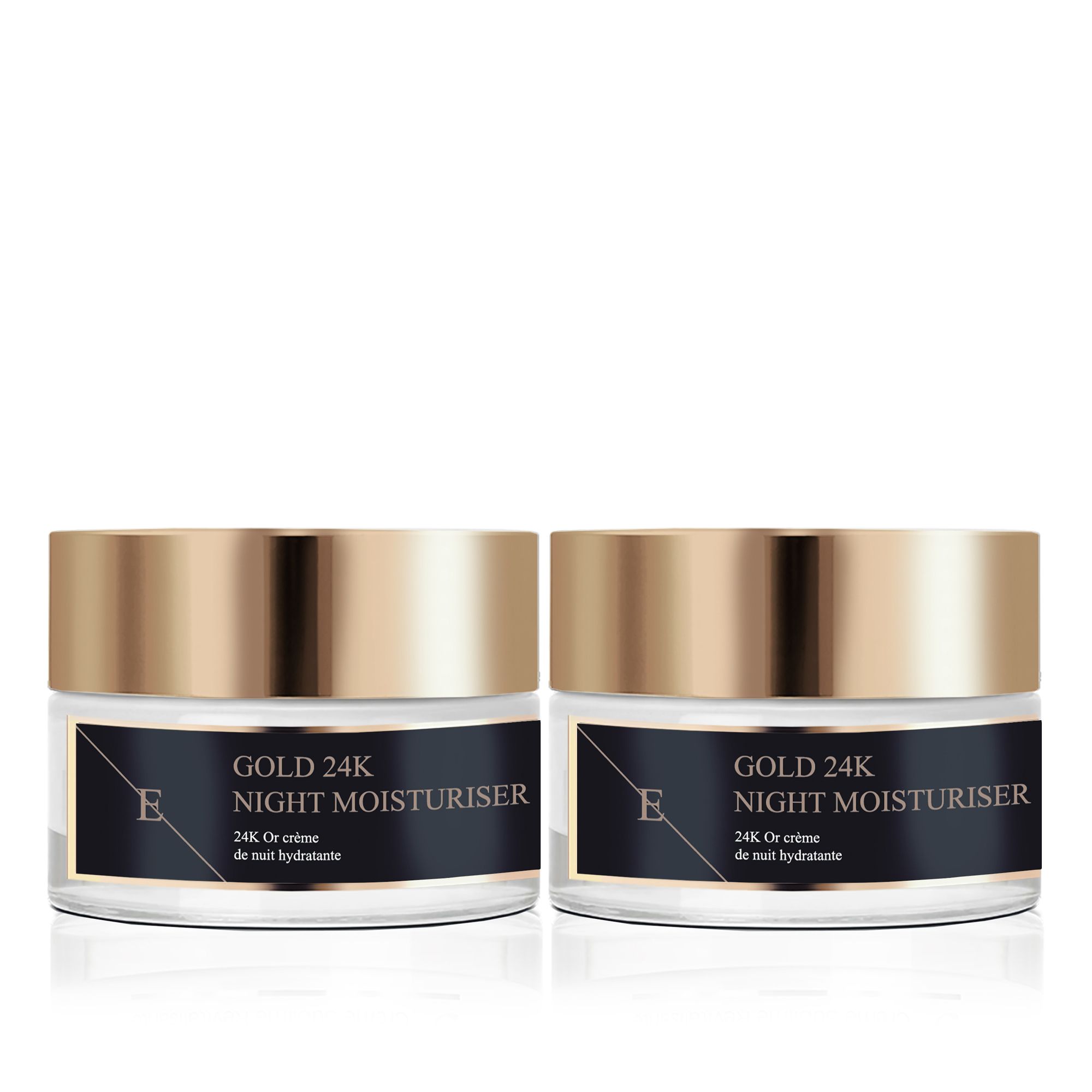 Zwei Tiegel Nachtcreme mit goldenen Deckeln. Schwarze Etiketten mit weißer Schrift: GOLD 24K NIGHT MOISTURISER. Marke: E.
