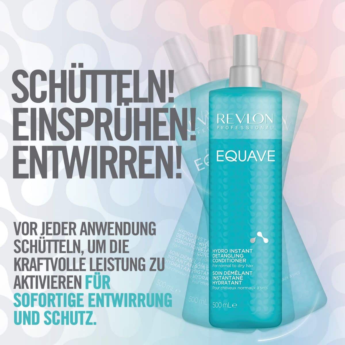 Blaues Revlon Equave Hydro Conditioner Spray. Text: Schütteln! Einsprühen! Entwirren! Sofortige Entwirrung und Schutz.