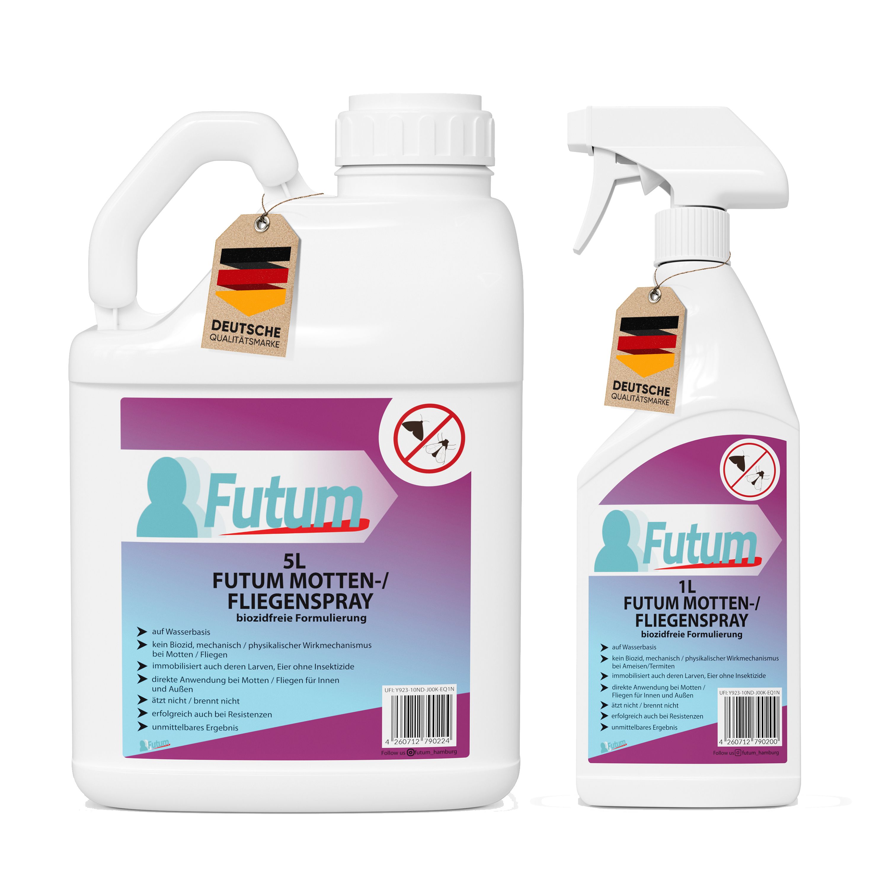 Zwei weiße Flaschen. Eine mit Griff, 5L, die andere mit Sprühkopf, 1L. Beide mit Etikett "FUTUM Motten-/Fliegenspray". Deutsche Qualitätsmarke.
