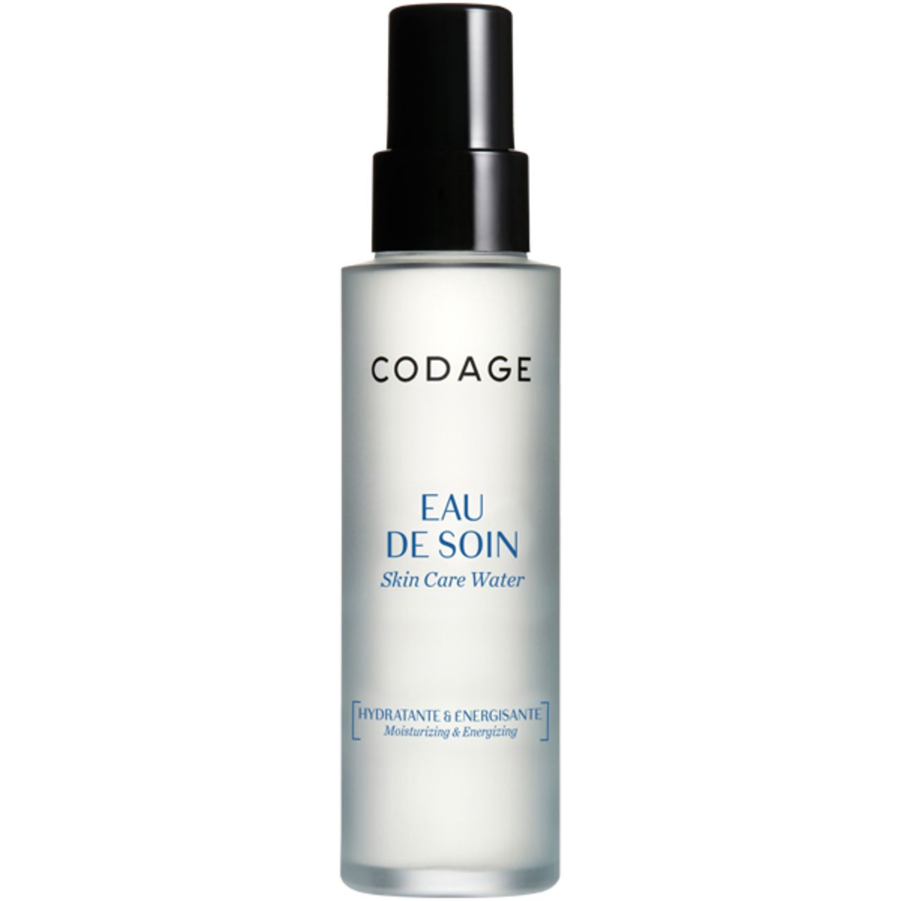 Klarflüssiges Produkt mit schwarzem Sprühkopf. Beschriftung: Codage, Eau de Soin, Hydratante & Énergisante.