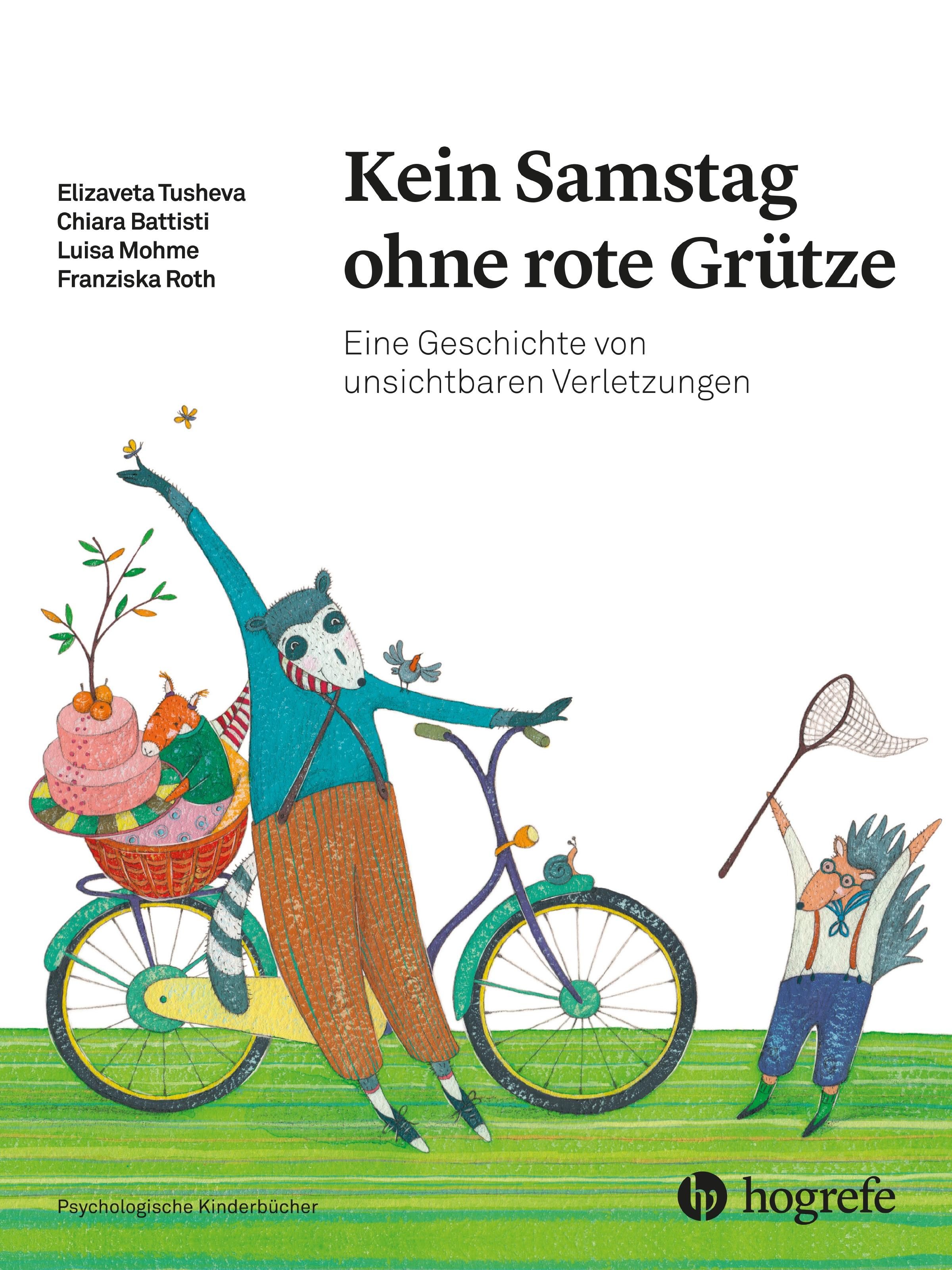 Buchcover: "Kein Samstag ohne rote Grütze". Illustration mit Figuren auf Fahrrad und mit Fangnetz. Verlag Hogrefe.