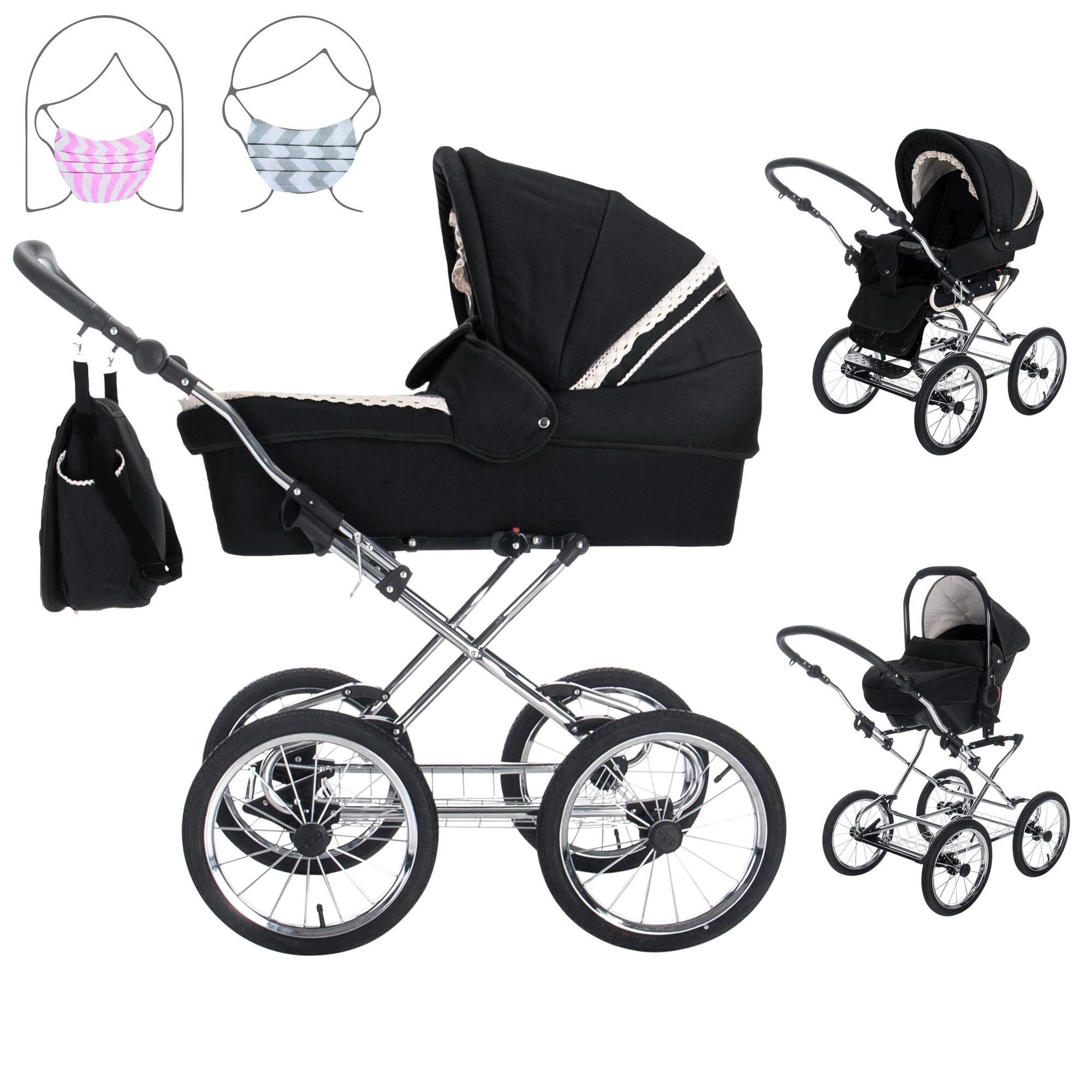 Schwarzer Kinderwagen mit silbernem Gestell. Enthält eine Tragetasche und eine separate Tasche. Mehrere Ansichten. Masken-Illustrationen.