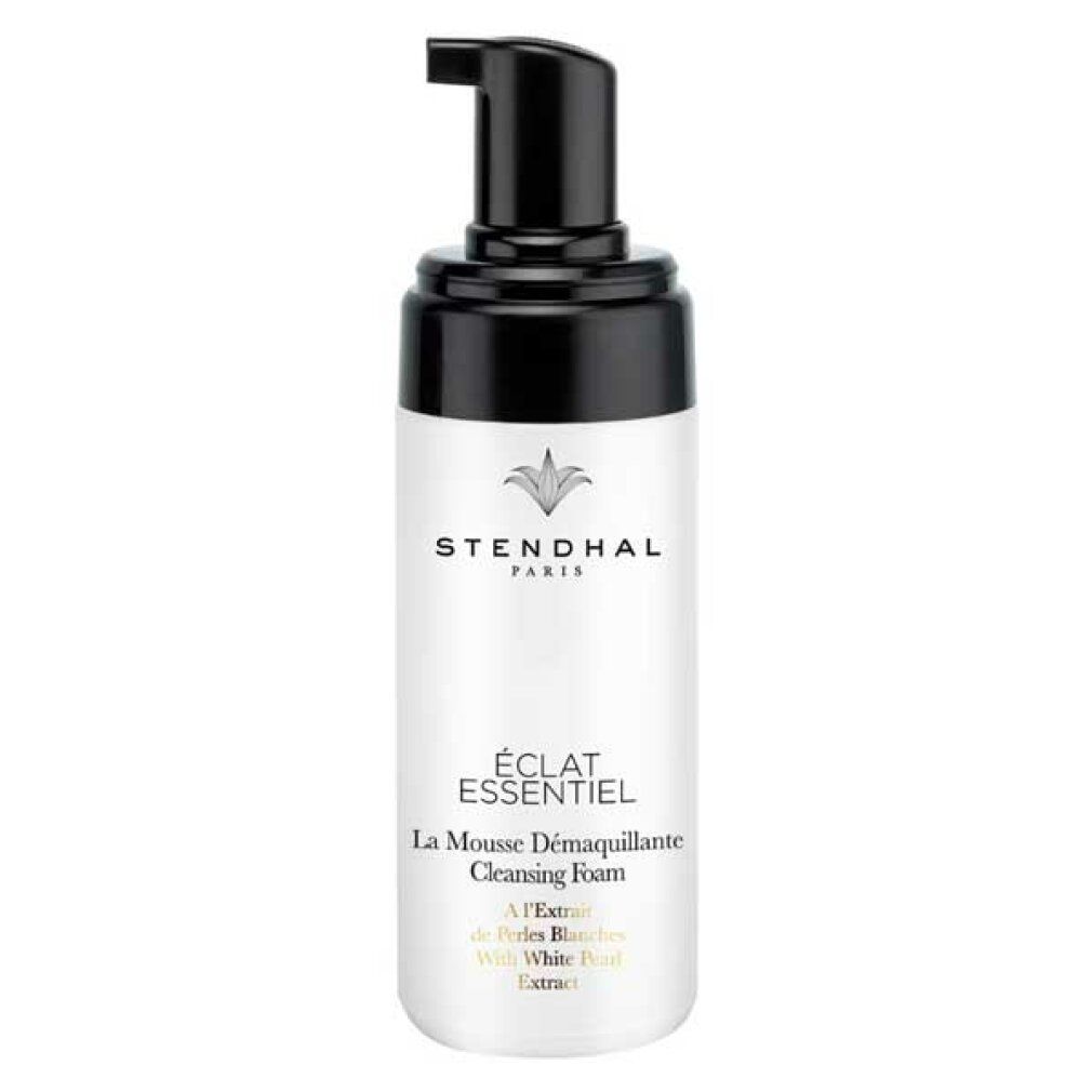 Weißes Fläschchen mit schwarzem Pumpkopf. Aufschrift: Stendhal Paris, Éclat Essentiel, La Mousse Demaquillante Cleansing Foam.