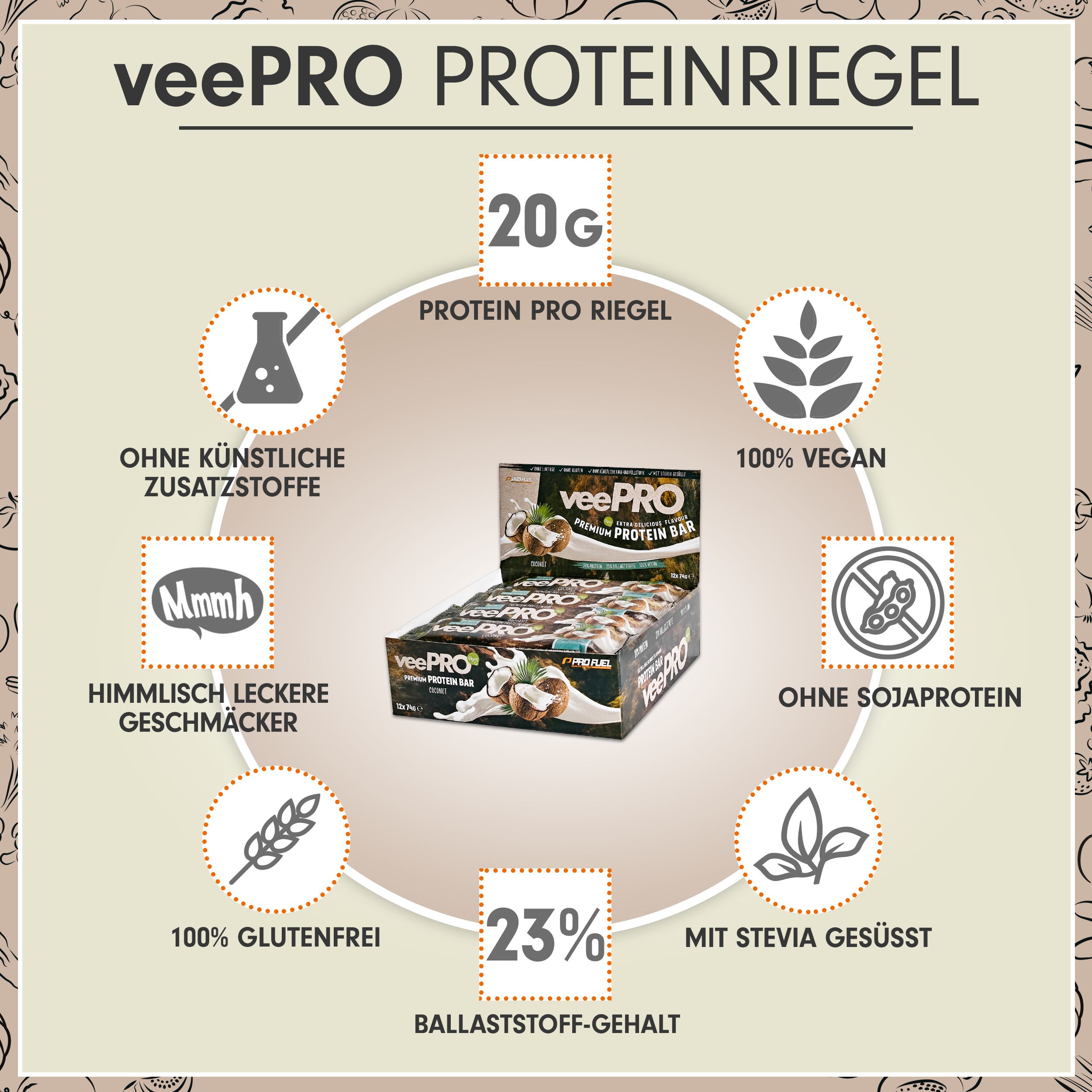 ProFuel - veePRO Proteinriegel Kokosnuss 27% Protein, ballaststoffreich, zuckerarm & 100% vegan 12x74 g Riegel