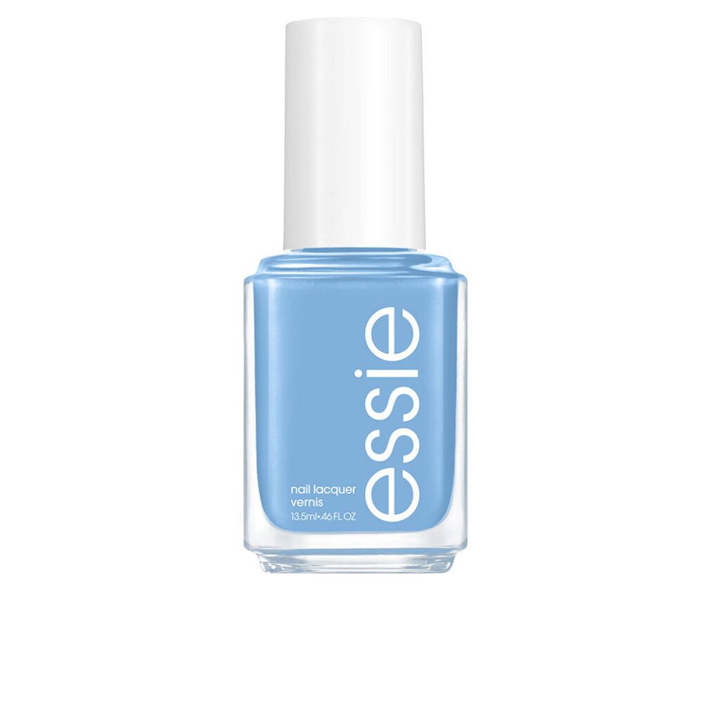 Hellblauer Nagellack in einer quadratischen Glasflasche mit weißem Deckel. Der Markenname „essie“ ist auf der Vorderseite aufgedruckt.
