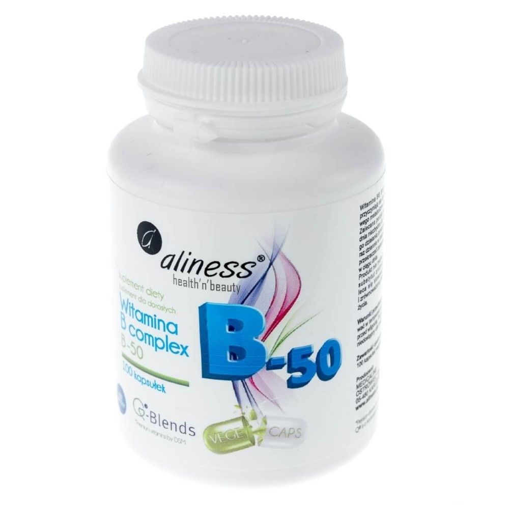 Aliness Vitamin B-Komplex B-50: Vorder- und Seitenansicht des weißen Behälters mit Etikett.