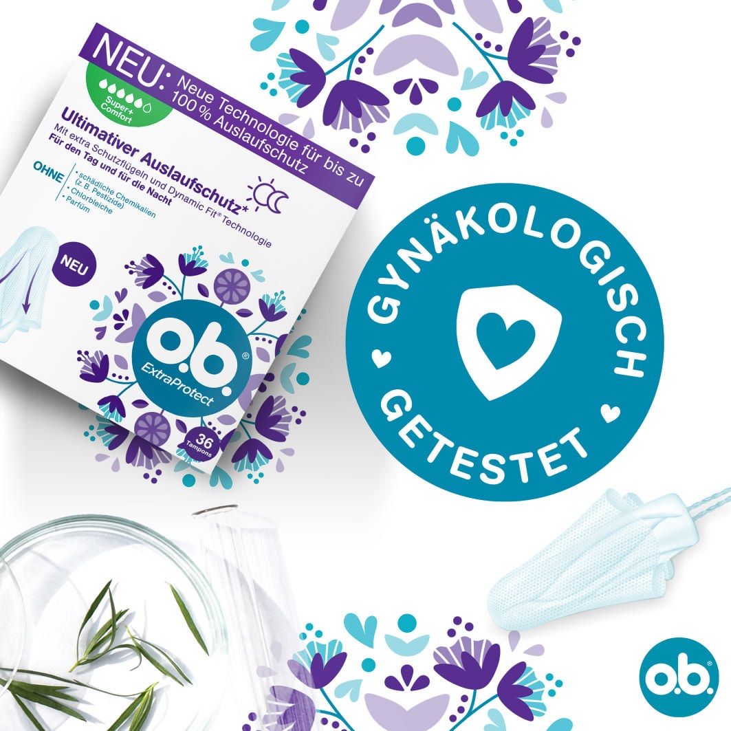Produktabbildung: Packung o.b.® Extra Protect. Text: Gynäkologisch getestet. Logo o.b.®