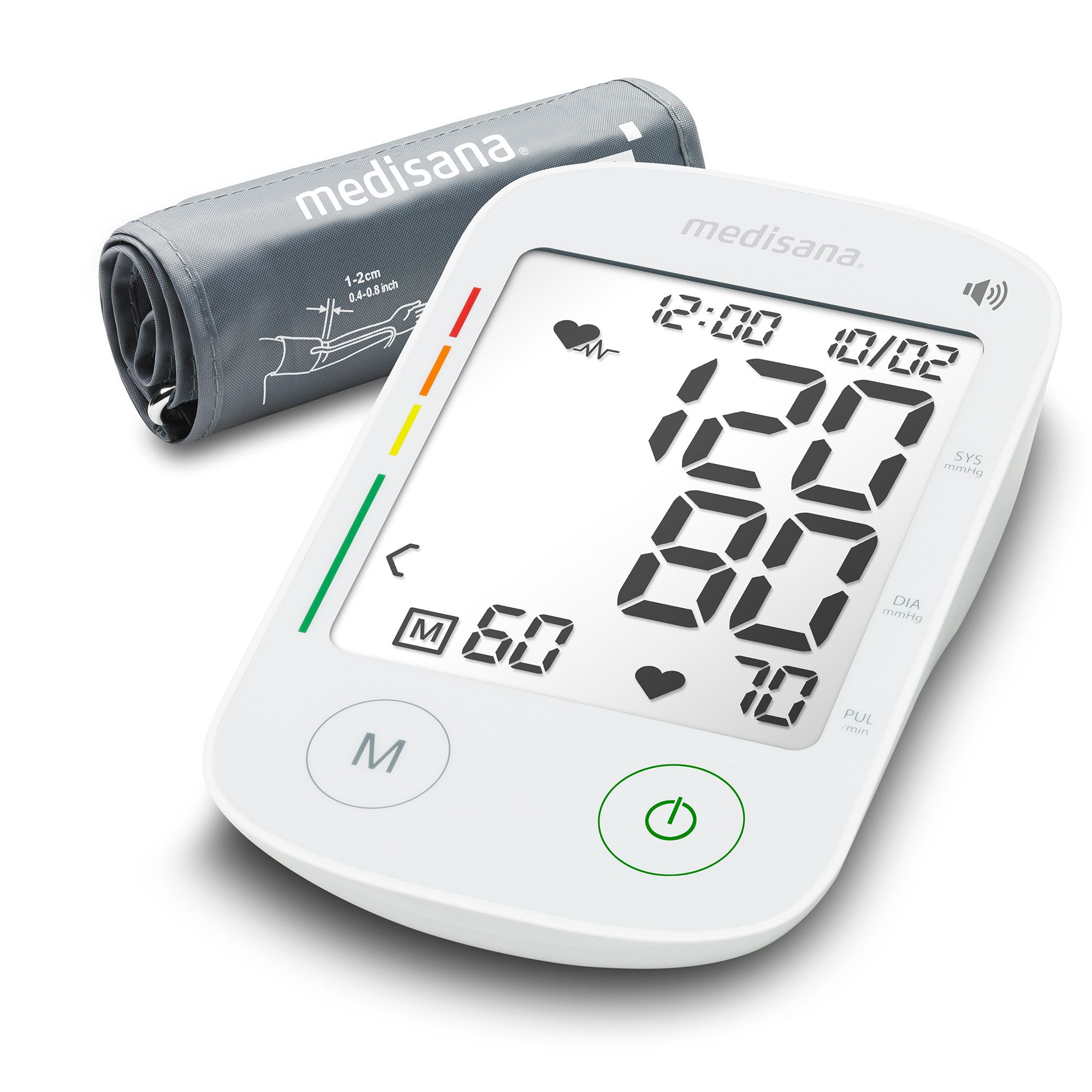 Medisana Oberarm-Blutdruckmessgerät mit Manschette. Großes Display zeigt 120/80 mmHg.
