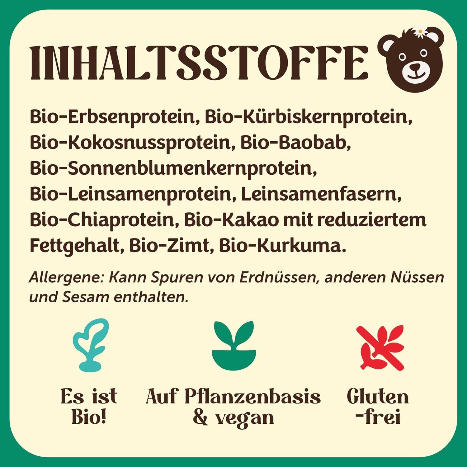 Zutatenliste mit Bio-Erbsenprotein, Bio-Kürbiskernprotein, Bio-Kokosnuss, Bio-Baobab, Bio-Sonnenblumenkernprotein, Bio-Leinsamenprotein, Leinsamenfasern, Bio-Chia, Bio-Kakao, Bio-Zimt, Bio-Kurkuma.