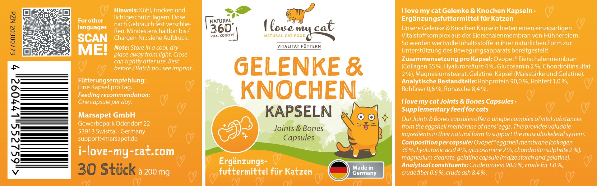 Produktetikett mit "I love my cat" und "Gelenke & Knochen Kapseln". Text in Deutsch und Englisch. Katze-Illustration.