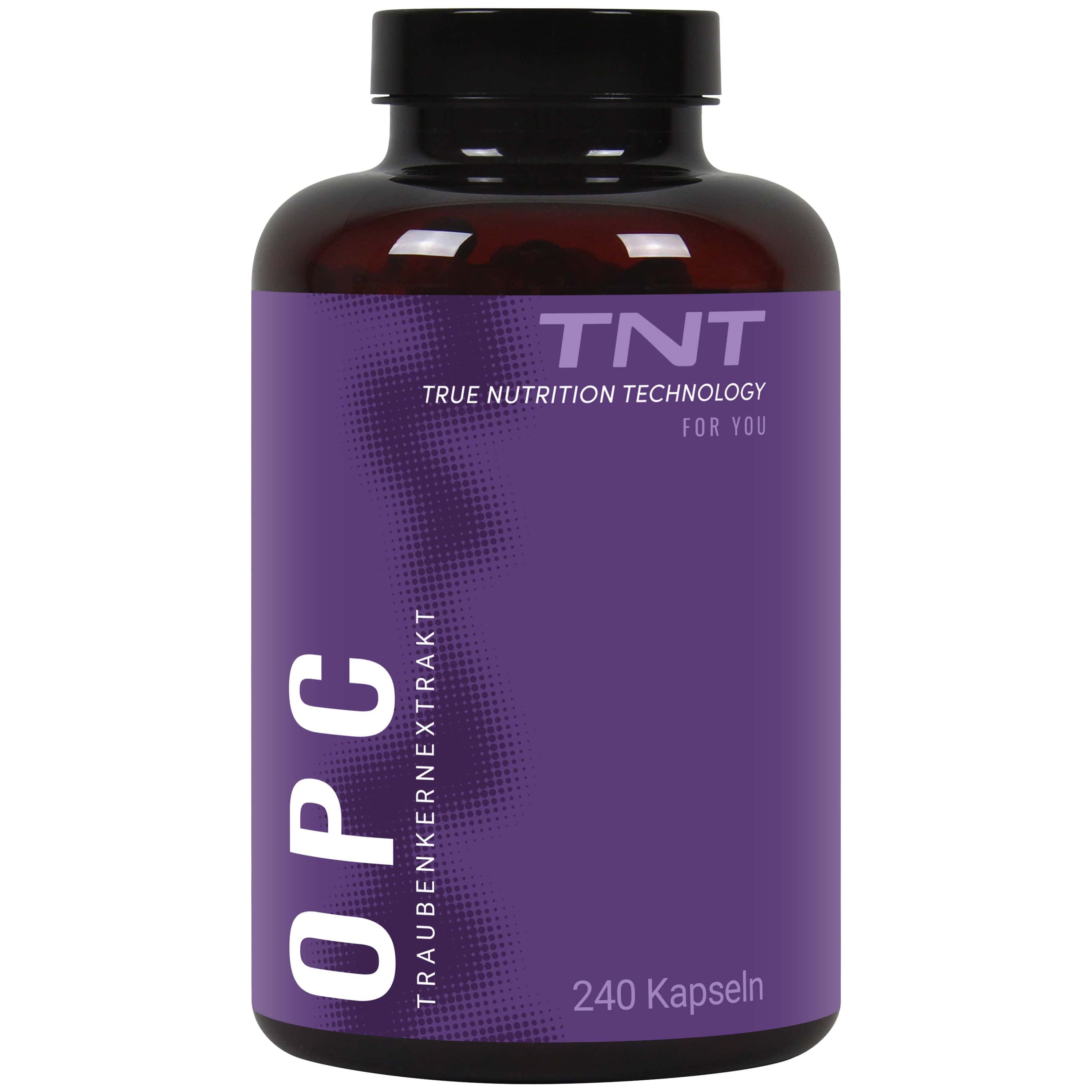 Braune Flasche mit lila Etikett. Aufschrift: TNT OPC Traubenkernextrakt. 240 Kapseln. Schwarzer Deckel.