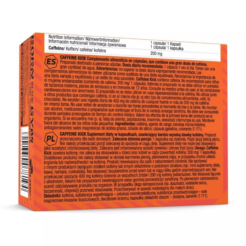 Rückseite der Olimp Caffeine Kick Kapsel-Verpackung mit Nährwertangaben und Anwendungshinweisen.